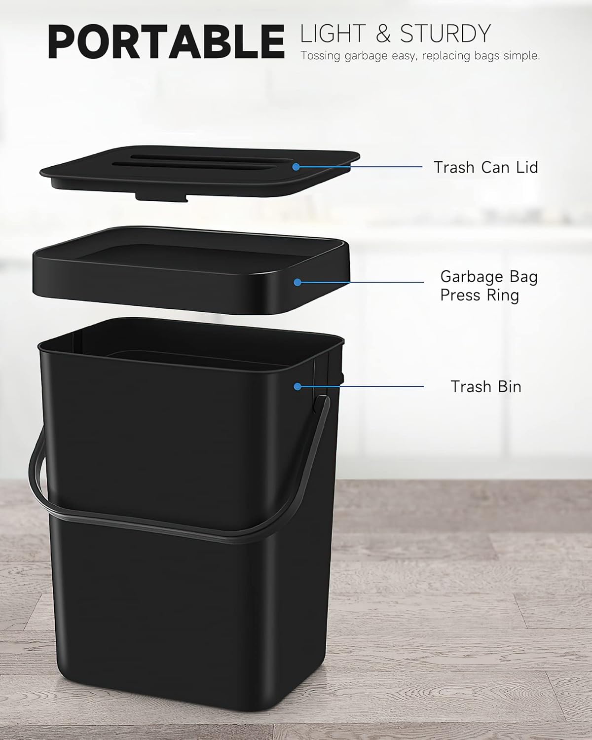 Countertop Compost Bin - 1.3 Gallons Hanging Small Trash Can with Lid for Kitchen Bathroom, Under Sink Kitchen Trash Can, Indoor Counter Compost Bucket with Lid, 5L(Black)