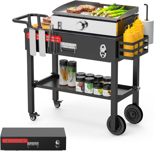 LS'BABQ Portable Outdoor Grill Table, Folding Stand for Blackstone 17"/22" Griddle, Camping BBQ Prep Cart for Ninja Grill, Large Space with Wheels