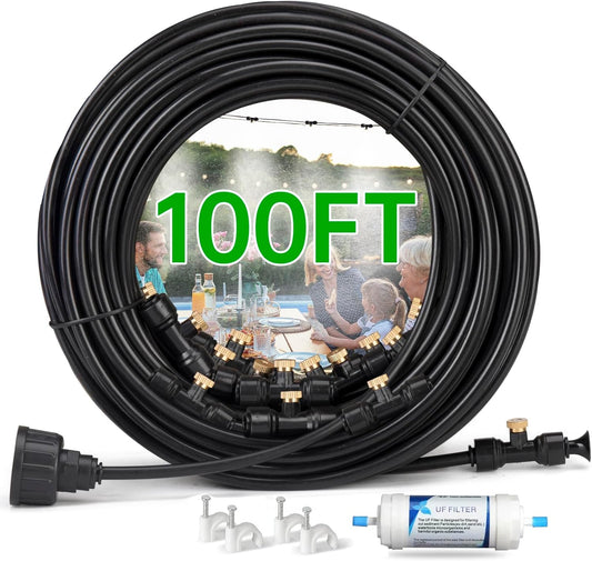 100FT Misting Cooling System for Patio & Garden - Brass Nozzles, UV-Resistant Tubing, DIY Installation - Water-Saving Backyard Mister for Outdoors, Greenhouse, Trampoline, Pool, BBQ Parties