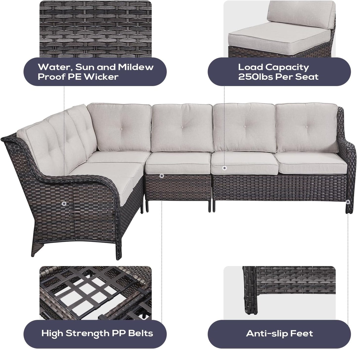 Outdoor Sectional Sofa Furniture Set with 50000BTU Propane Fire Pit Table, Wicker Patio Conversation Set with 2 Swivel Glider Rocker Chairs Beige Cushion Perfect for Backyard Casual Gathering