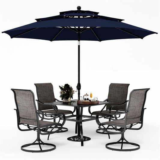 PHI VILLA Patio Table and Chairs Dining Set with Umbrella for 4, Outdoor Dining Set with 4 Swivel Patio Chairs, 1 Square Metal Dining Table and 10ft Navy Blue Large Patio Umbrella (No Umbrella Base)