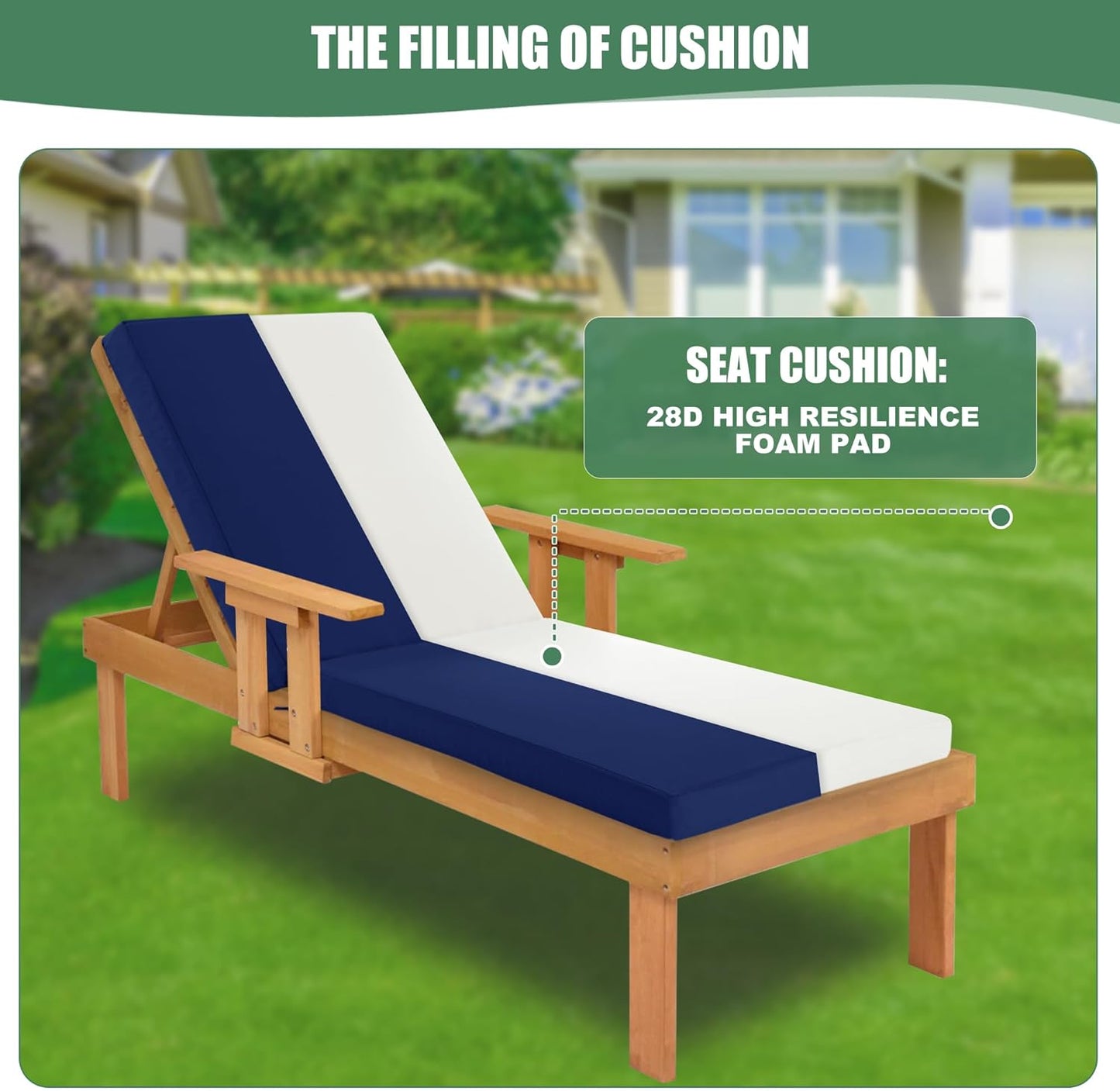 Chaise Lounge Cushions Outdoor Set of 4 - Waterproof and Fade Resistant Sun Lounger Replacement Cushions - Patio Lounger Pads with Removable Cover for Pool, Deck, 72 x 21 x 3 Inch, Navy
