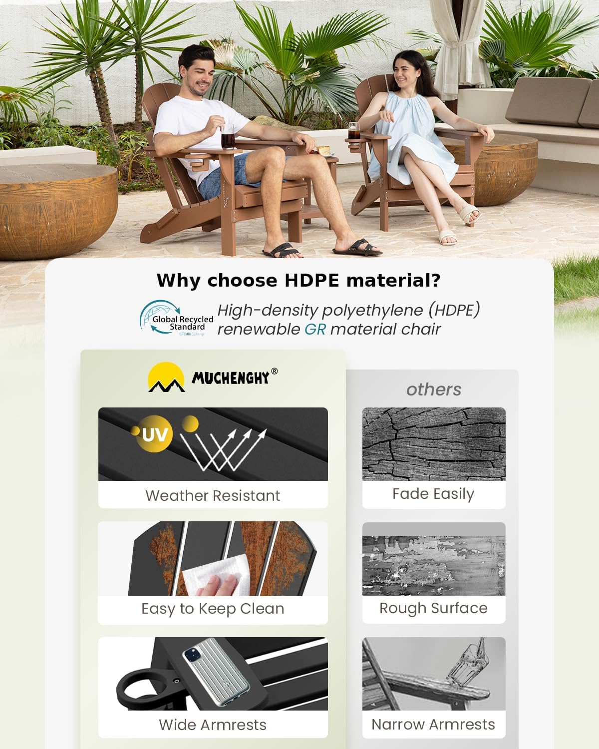 MUCHENGHY Folding Adirondack Chairs and Table Set, Outdoor Chair, Adirondack Chair Plastic, Fire Pit Chair, Weather Resistant with Cup Holder for Deck, Backyard, Garden(Black, 3-Piece)