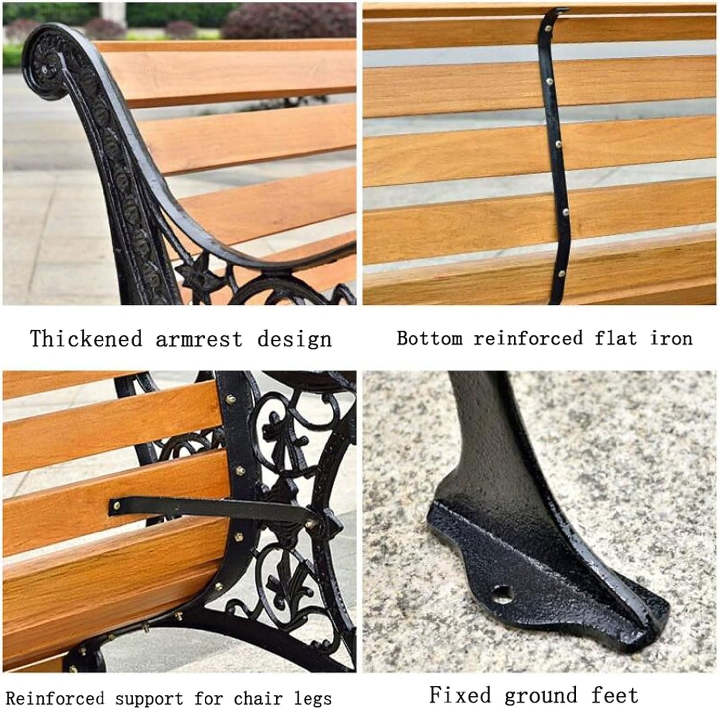 Outdoor Bench, Porch Bench, Garden Park Bench, Cast Aluminum Preservative Wood Bench with Backrest and Armrests for 2-3 People Porch/Deck/Patio Furniture(Teak+Black Legs,150CM)
