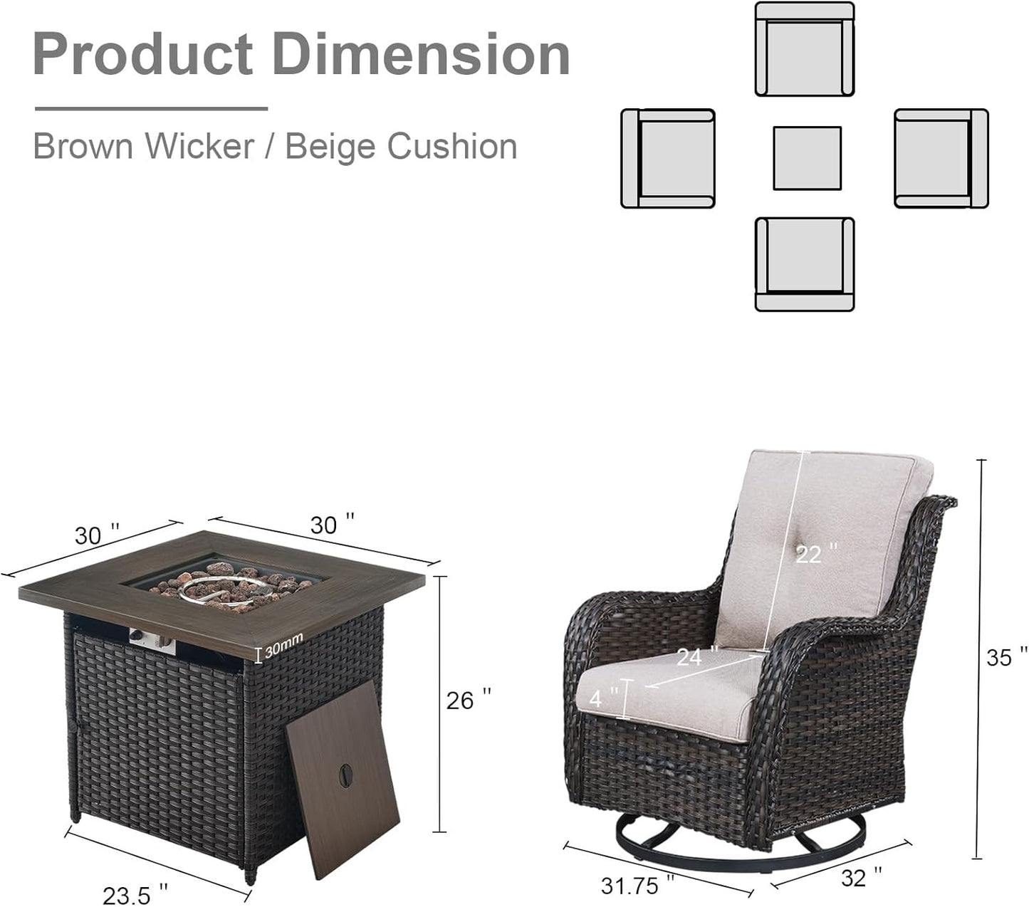 5 Pieces Patio Wicker Furniture Set - 4 Outdoor Swivel Rocker Glider Chairs with 50000BTU Propane Fire Pit Table, Patio Conversation Set Beige Cushion Perfect for Casual Gathering