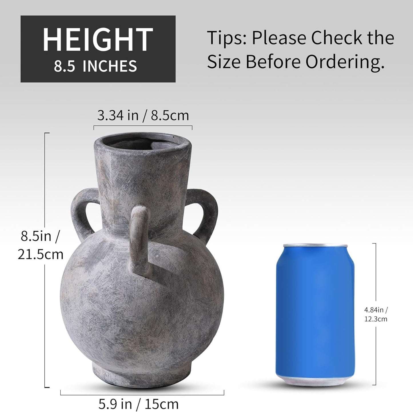 Rustic Grey Terracotta Ceramic Vase with Handles, Vintage Pottery Floral Vases, Cottage Core for Home Decor Table Centerpiece, Large Flower Vase for Bouquets Table Mantel Bedroon Bathroom 8.5 Inch