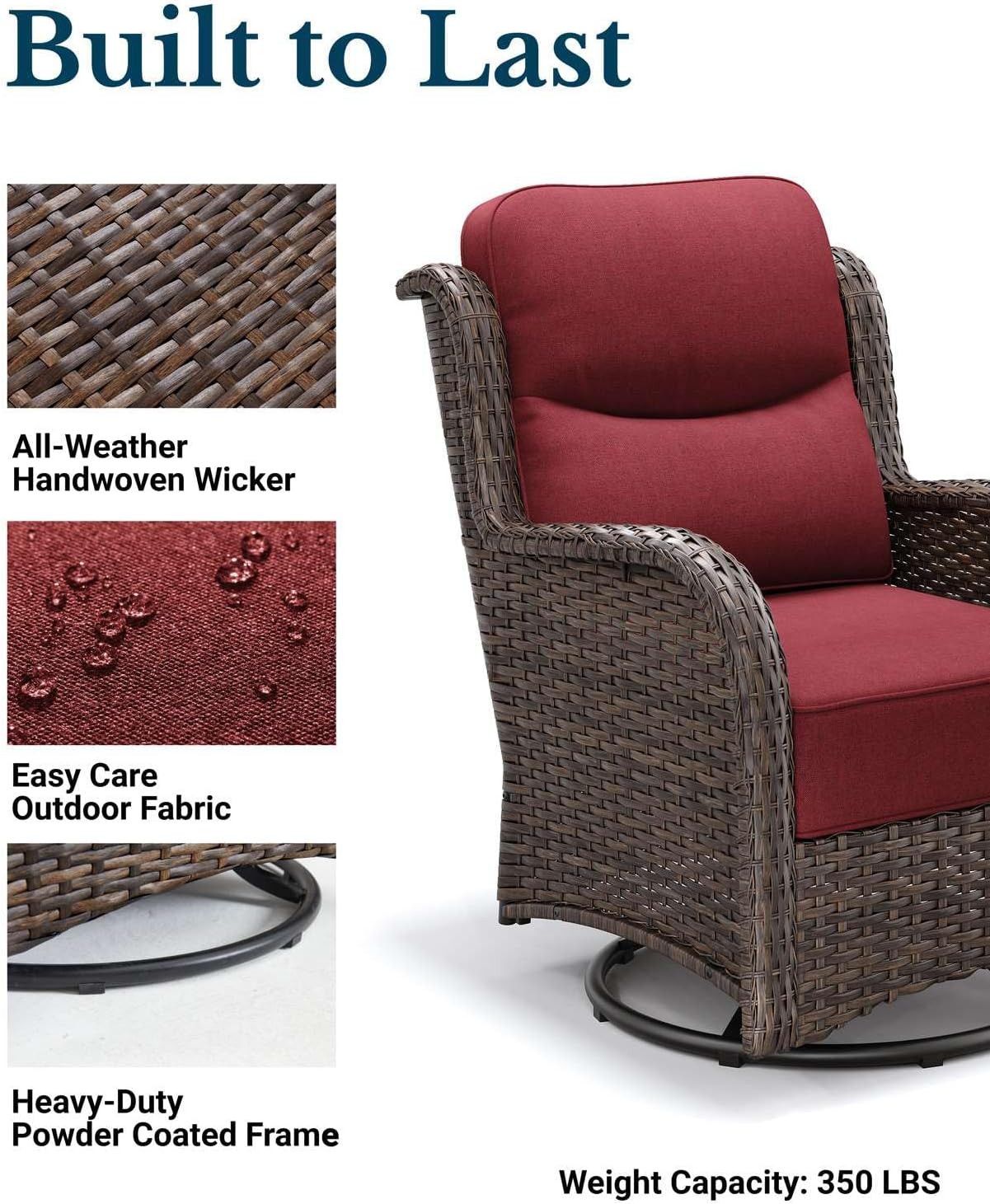 HILLGA Luxury Patio Furniture Set with 6-inch Thick Cushion, Outdoor High Back Swivel Rocker Patio Chairs, 3PCS Wicker Conversation Set for Deck Yard and Poolside, Burgundy (V2)