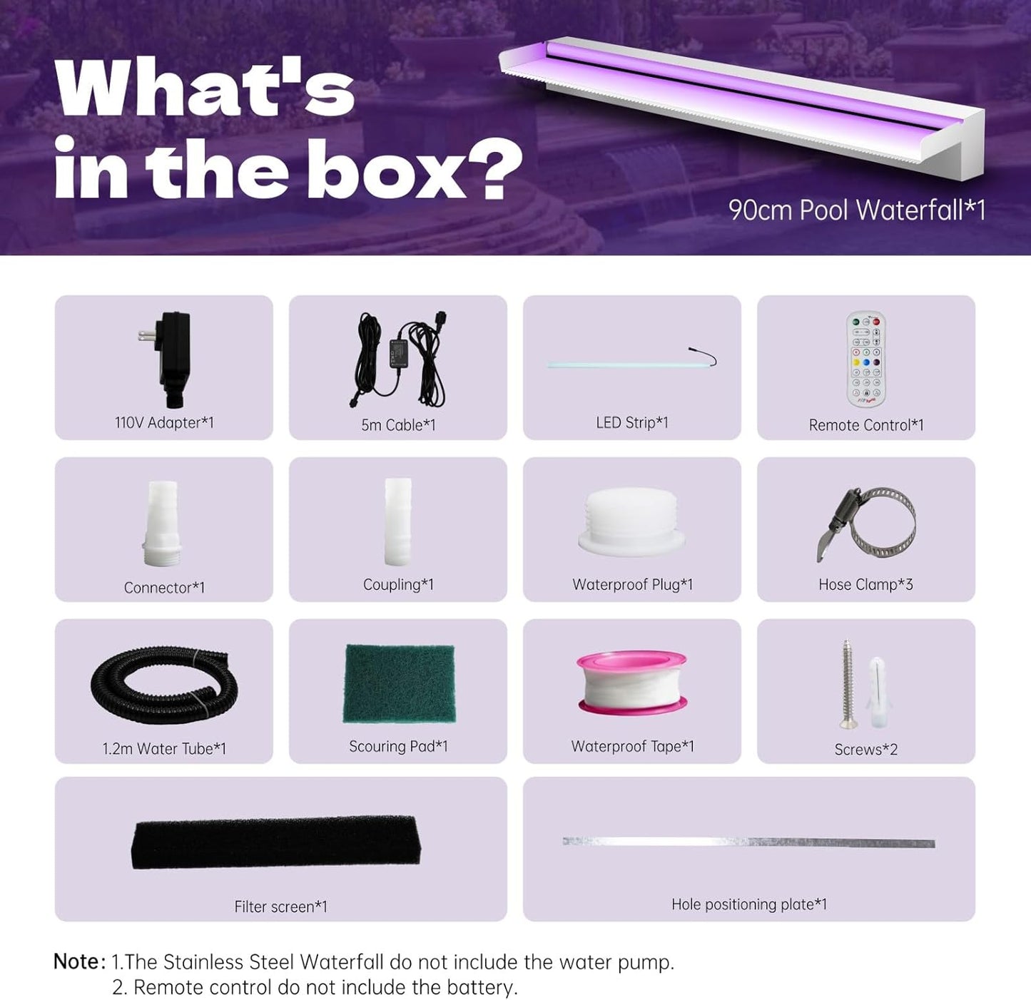 Waterfall Spillway Stainless Steel Pond Waterfalls with Color Changing LED Light, Outdoor Pool Fountain Water Feature Kit for Garden Patio Swimming Pool Koi Ponds Decor-36"x8"x4"