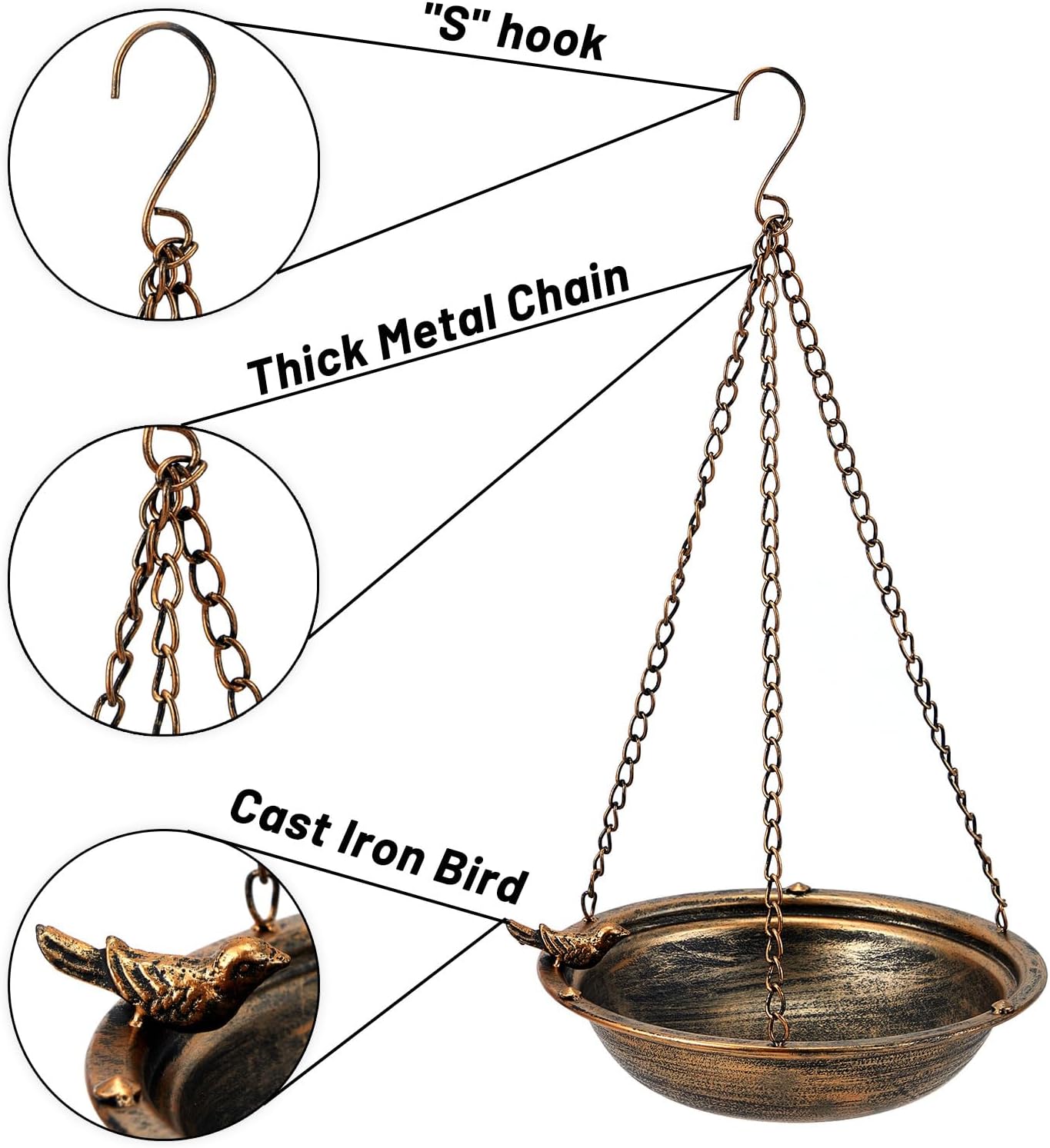 Metal Hanging Bird Baths for Outdoors,Outdoor Bird Feeder,Backyard, Patio Garden Yard Decoration (Gold)
