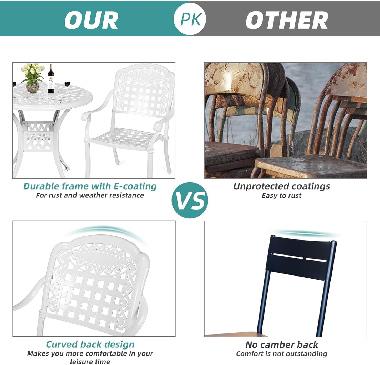 MEETWARM 3 Piece Patio Bistro Set, Outdoor All-Weather Cast Aluminum Dining Furniture Set Includes 2 Chairs and a 31” Round Table with Umbrella Hole for Garden Deck, White