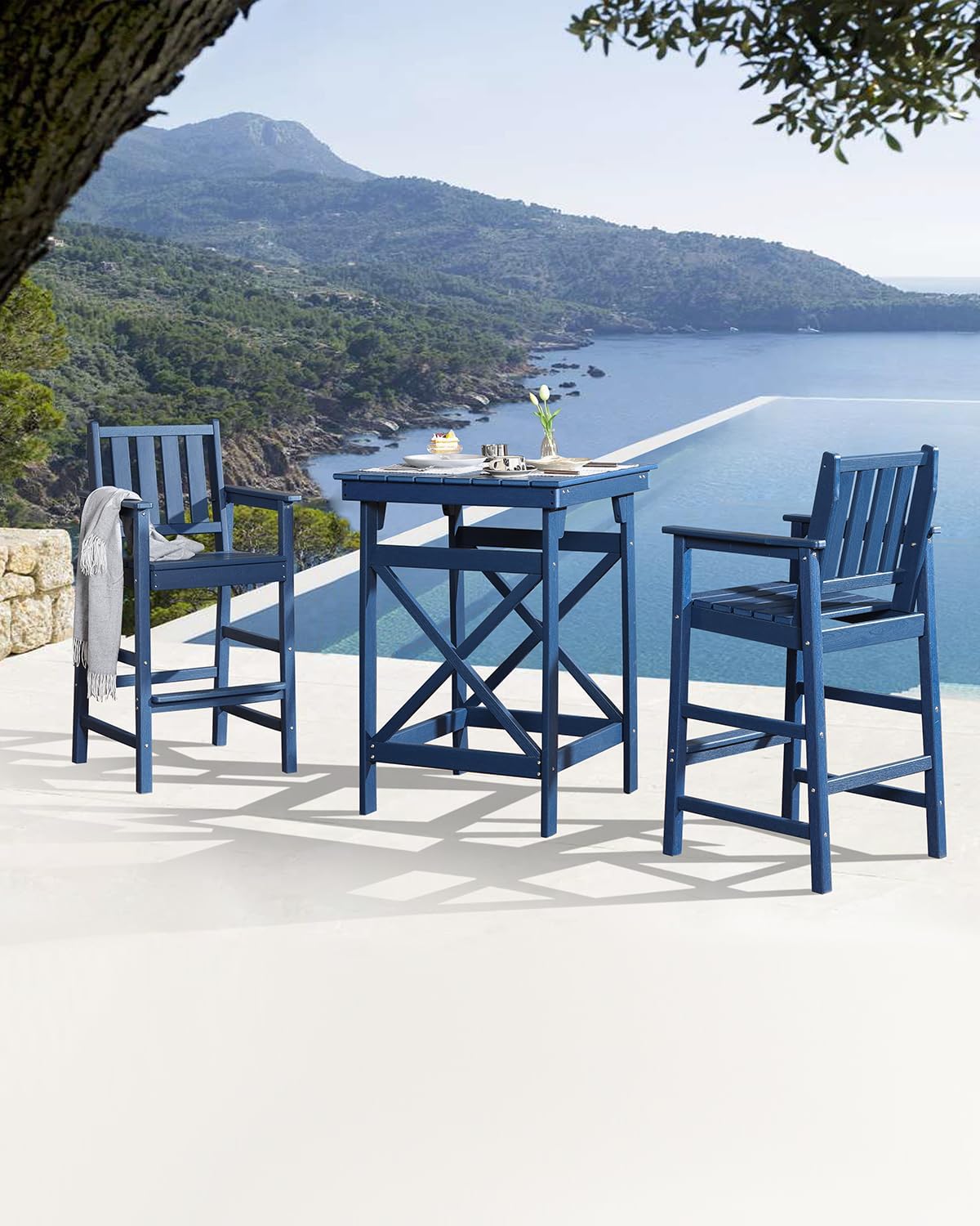 Adirondack Bar Chair Set of 2, HDPE Tall Adirondack Chairs Bar Stools with Footrest, Outdoor Bar Height Stool Chair Set, HDPE Patio Barstools Set for Poolside, Balcony, Garden, Navy