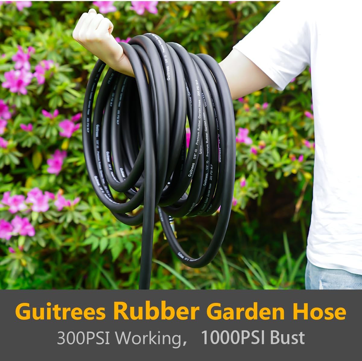 90FT 5/8 Heavy Duty Rubber Garden Hose - 200psi Working, 1000psi Burst - Hot/Cold Water - Five-Layered Braiding for Durability - Versatile for Gardening, Agriculture, Construction(Black)
