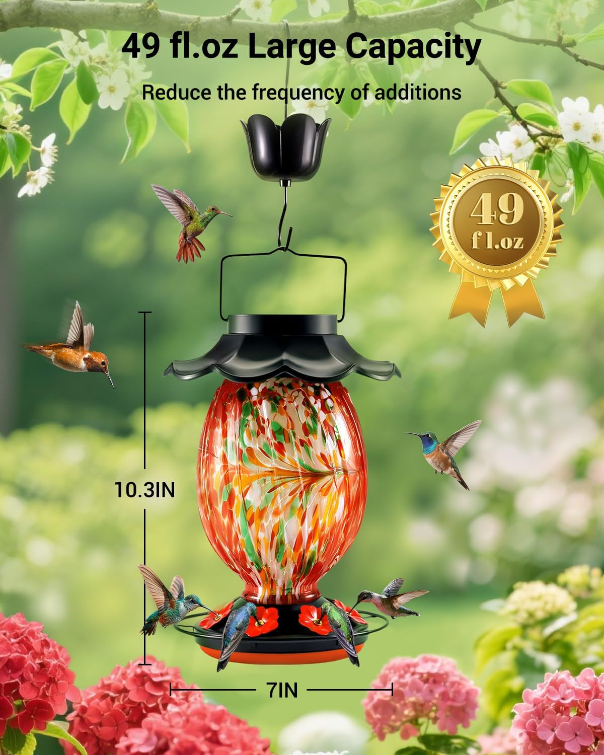 Solar Hummingbird Feeder - 49 fl.oz Hand Blown Glass Color Changing - 7 Feeding Ports with Perch - Never Leak - Perfect Hummingbird Feeder