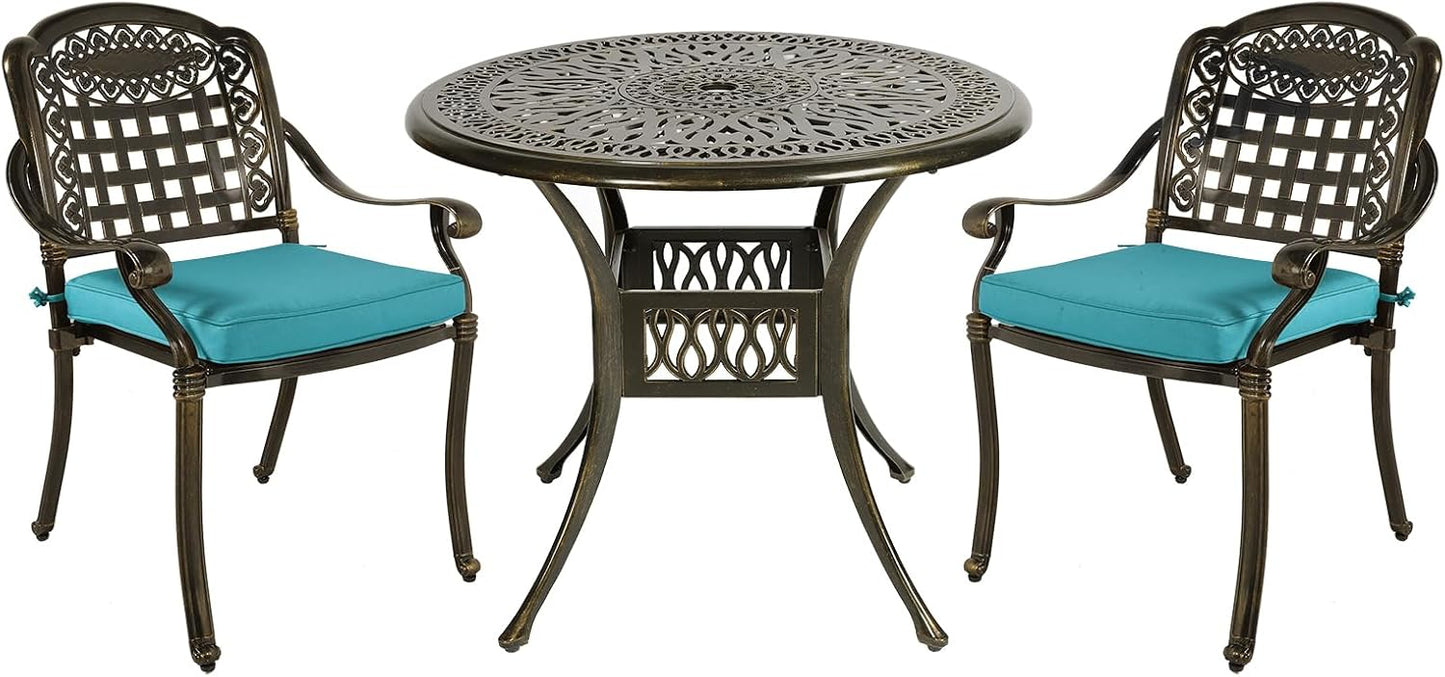 MEETWARM 3 Piece Patio Bistro Set, Outdoor All-Weather Cast Aluminum Dining Furniture Set Includes 2 Chairs with Cushions and a 35.4” Round Table with Umbrella Hole for Garden Deck, Ocean Blue