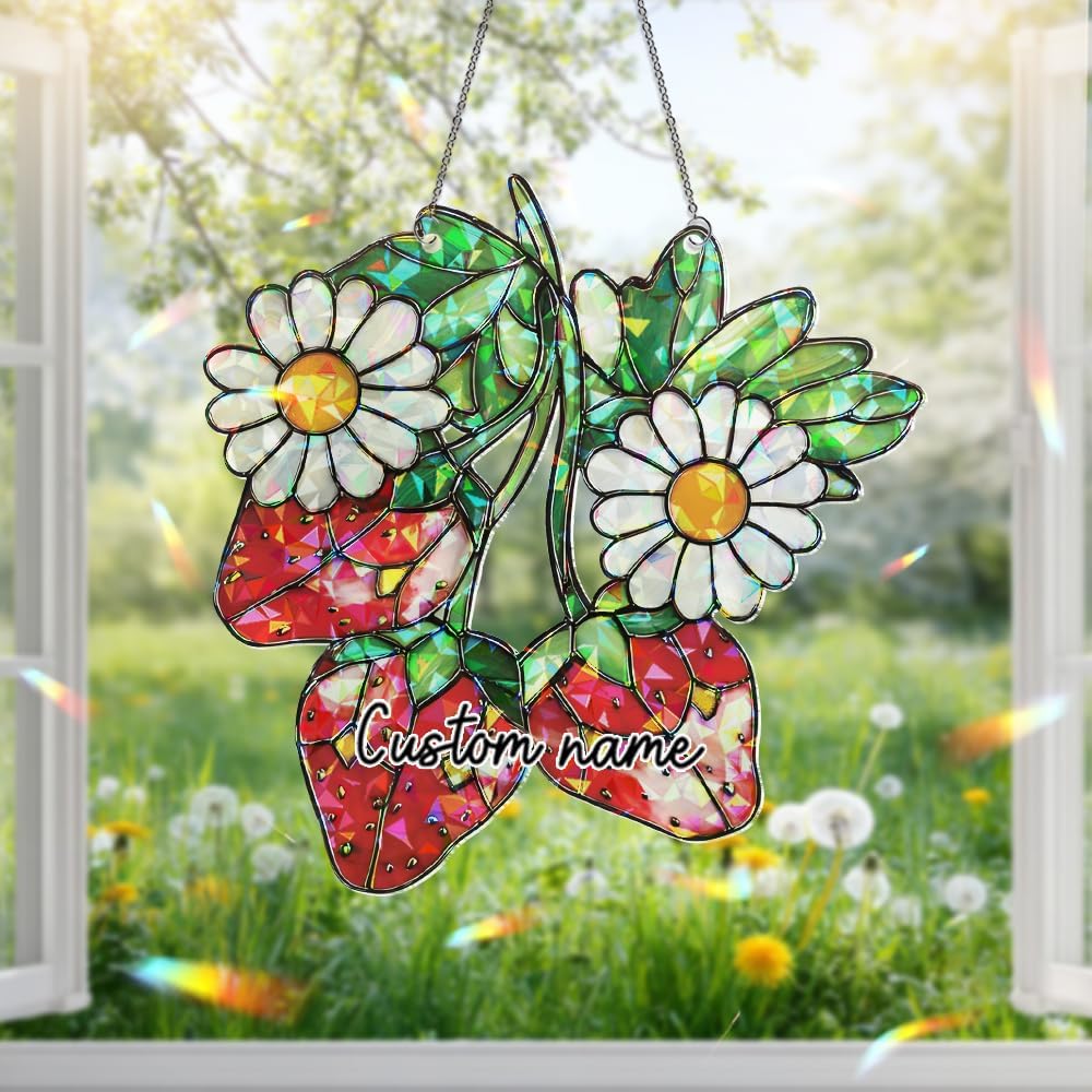 Strawberry Suncatcher – Daisy Flower Window Hanging, Fruit Sun Catchers Indoor Window Ornament for Kitchen and Garden Décor, Plant Gifts for Women, Grandma, Mother's Day, Christmas