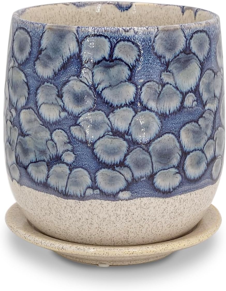 6 in Ceramic Plant Pot with Saucer，Indoor Plant Pot for Plants, Flower Pot with Drainage，Reactive Glaze Blue