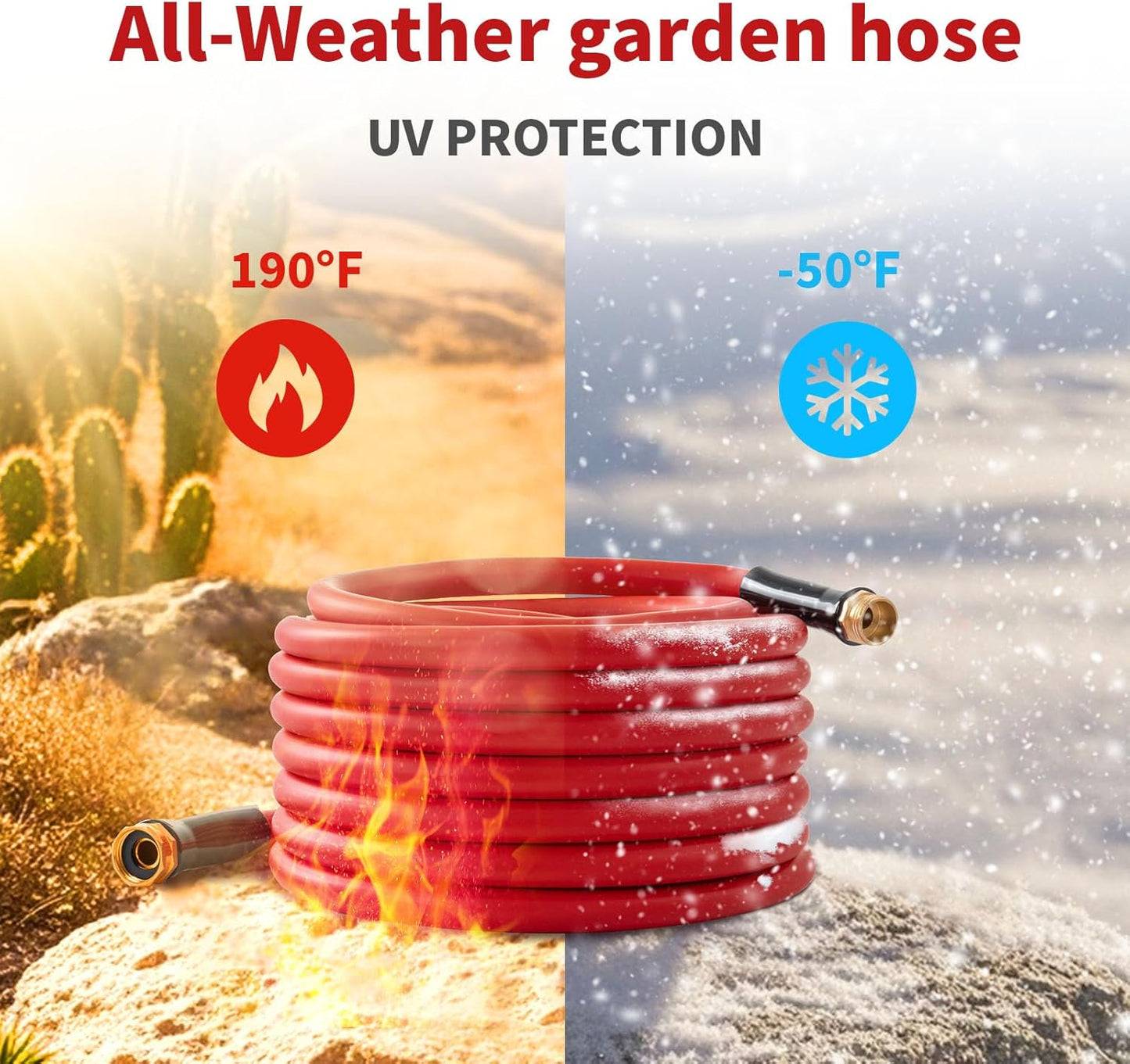 Garden Hose 10 ft x 3/4” Hot/Cold Heavy Duty Water Hose,-50°F to 190°F,Burst 600Psi Flexible Upgraded Rubber Hoses,3/4” Solid Fittings for All-weather Outdoor Lawn & Garden