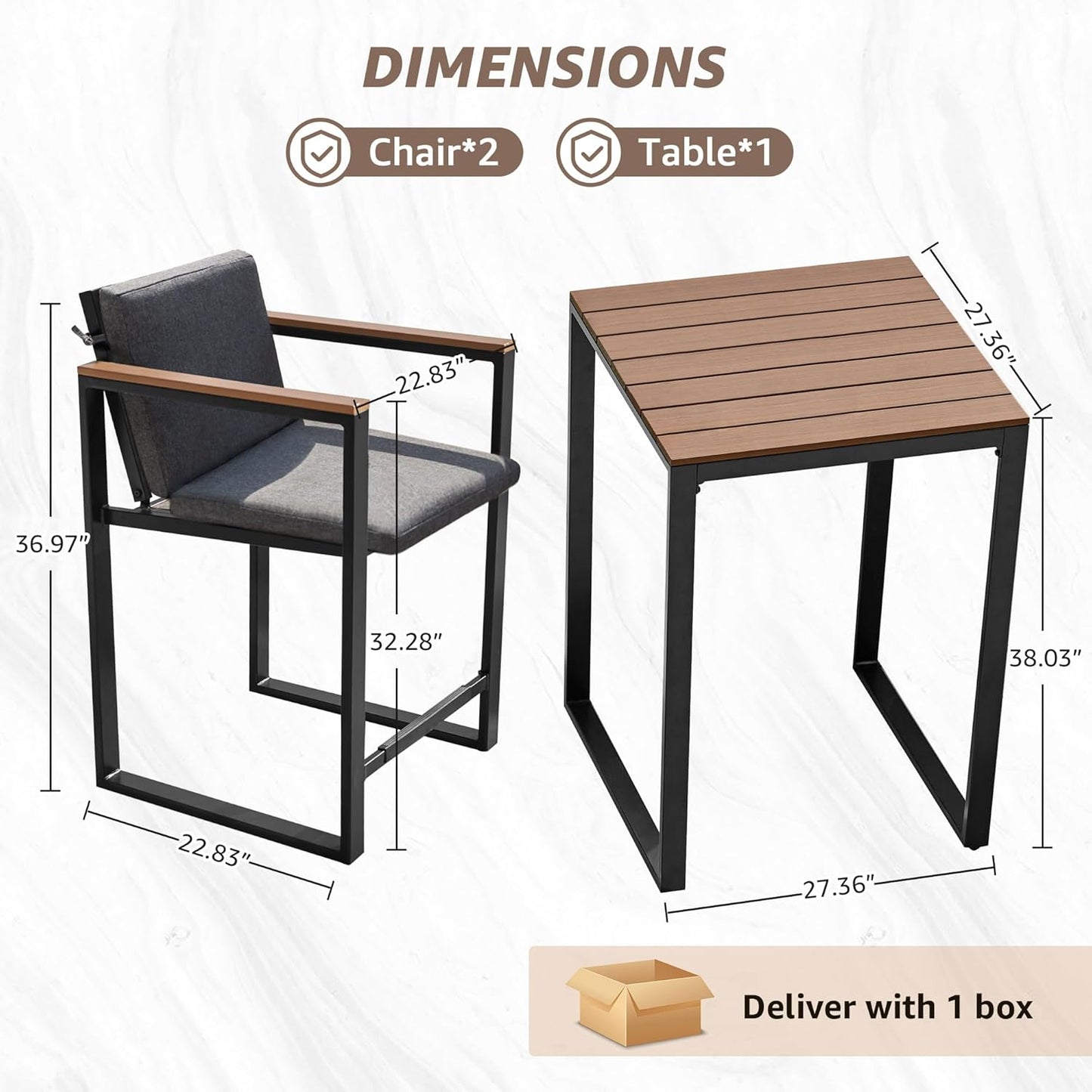 NATURAL EXPRESSIONS 3-Piece Bar Table and Chairs Set, Outdoor Bar Set with Fauxwood Armrest, Water-Resistant and Removable Cushion, All Weather Bar Height Patio Table and Chairs for Backyard, Home
