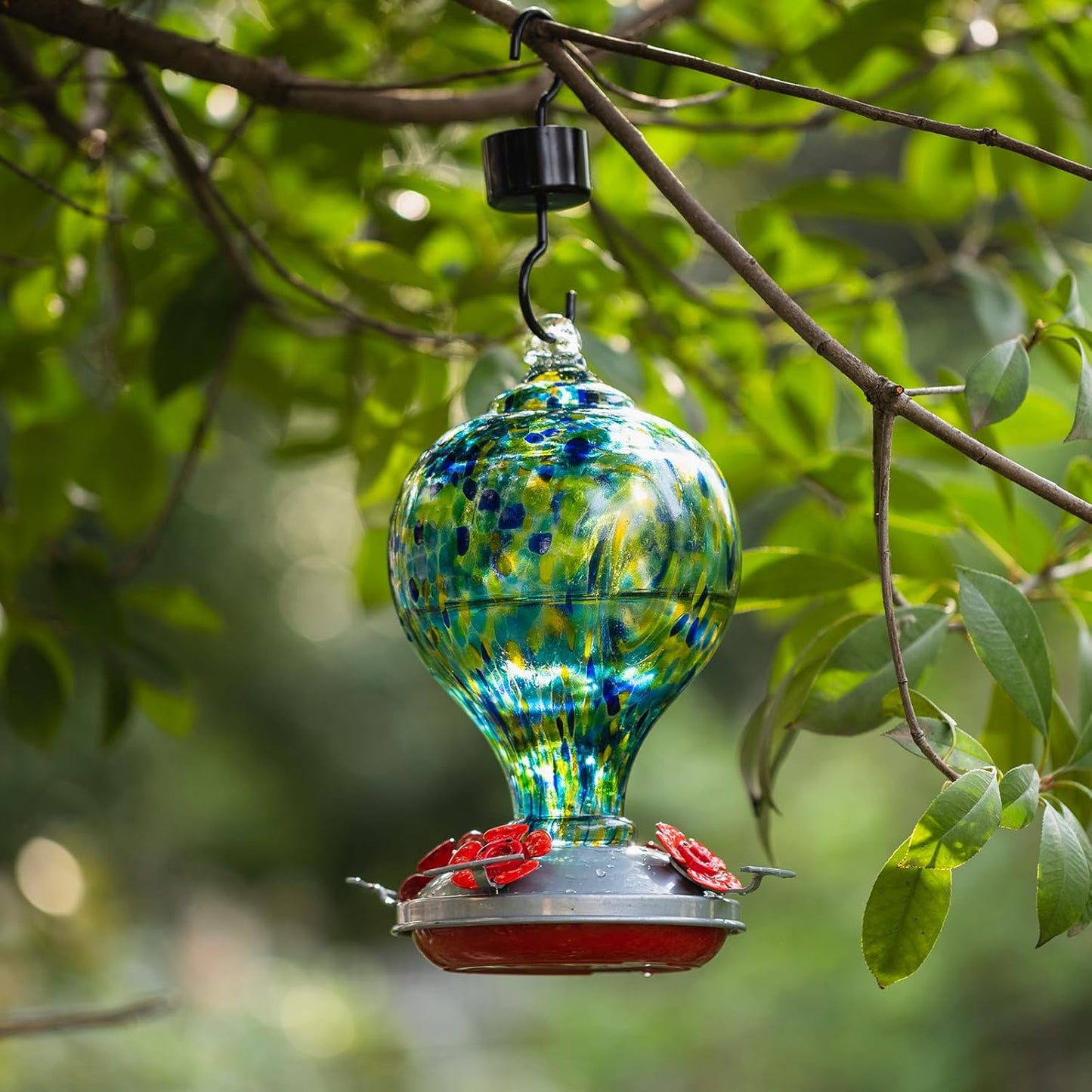 Hummingbird Feeders for Outdoors Hanging, 32OZ Hand Blown Glass Hummingbird Feeder for Outside, 4 Perch Ant Moat Leakproof, Garden Decor, Backyard Bird Gifts for Mom (Blue)