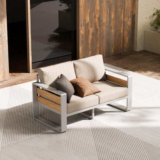 ZANDOR Outside Aluminum Lawn Furniture - 1 Pcs Loveseat, All-Weather Metal Modern Outdoor Loveseat Sofa with Washable Thick Cushion for Garden/Backyard/Porch, Silver