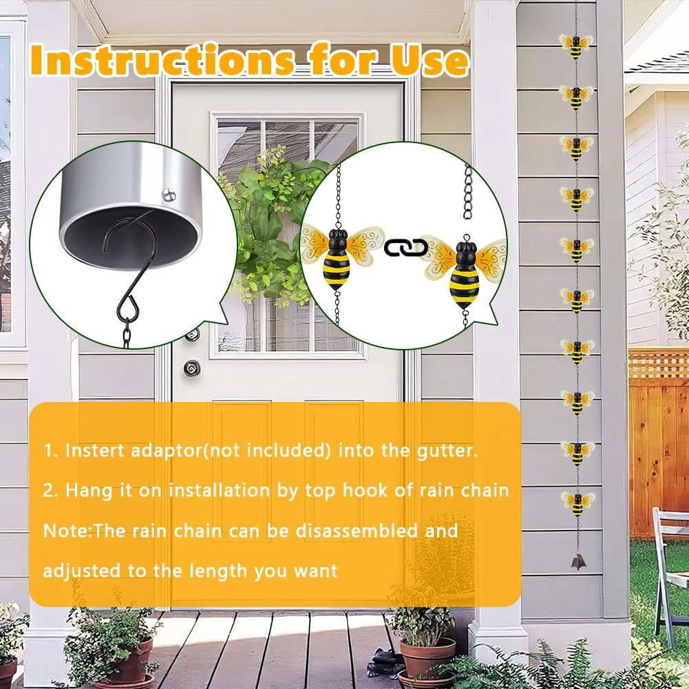 8.4 FT Rain Chains for Outside, Decorative Glow Bee Rain Chain with 12 Cups, Metal Adjustable Rain Catcher Chain, Replacement Downspout for Gutters