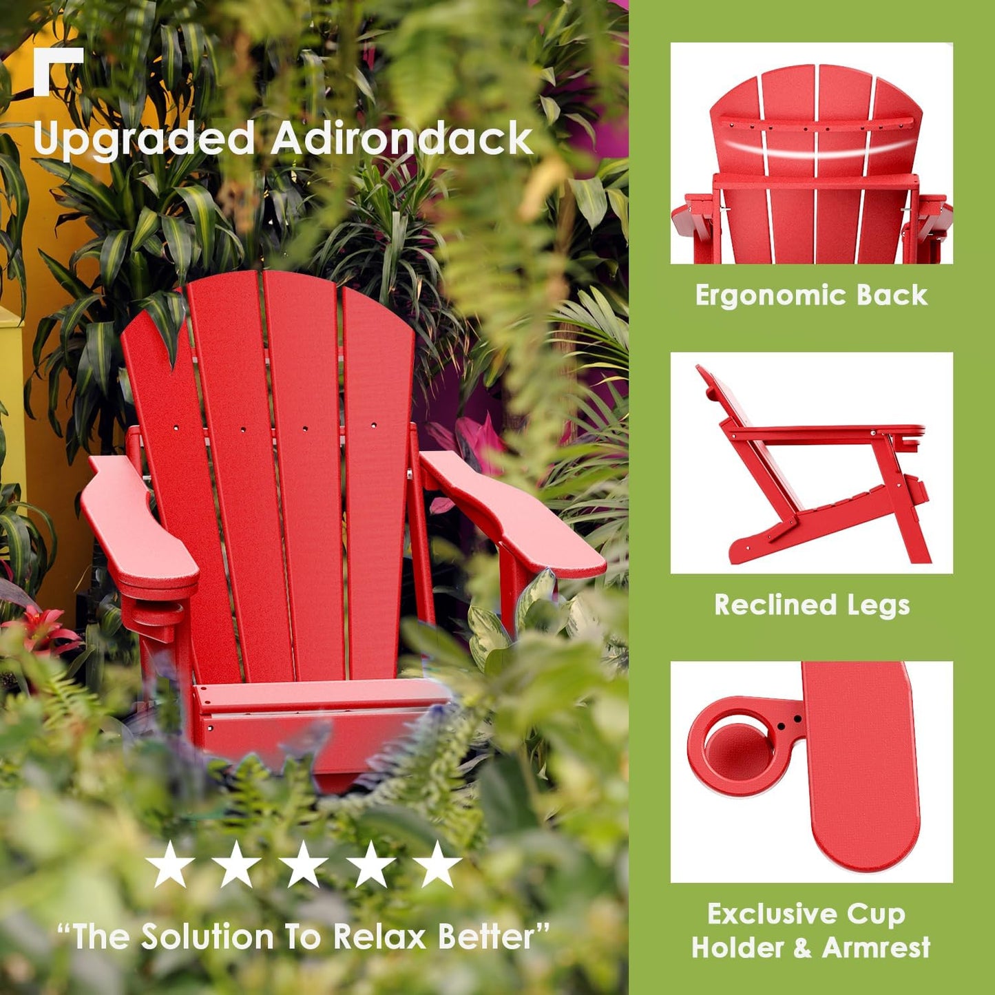 GREENVINES Folding-Adirondack-Chairs-Set-of-4 | HDPE Plastic | Fire Pit Chair | All Weather | Cup Holder | Red | for Deck Backyard Patio Outdoor Garden