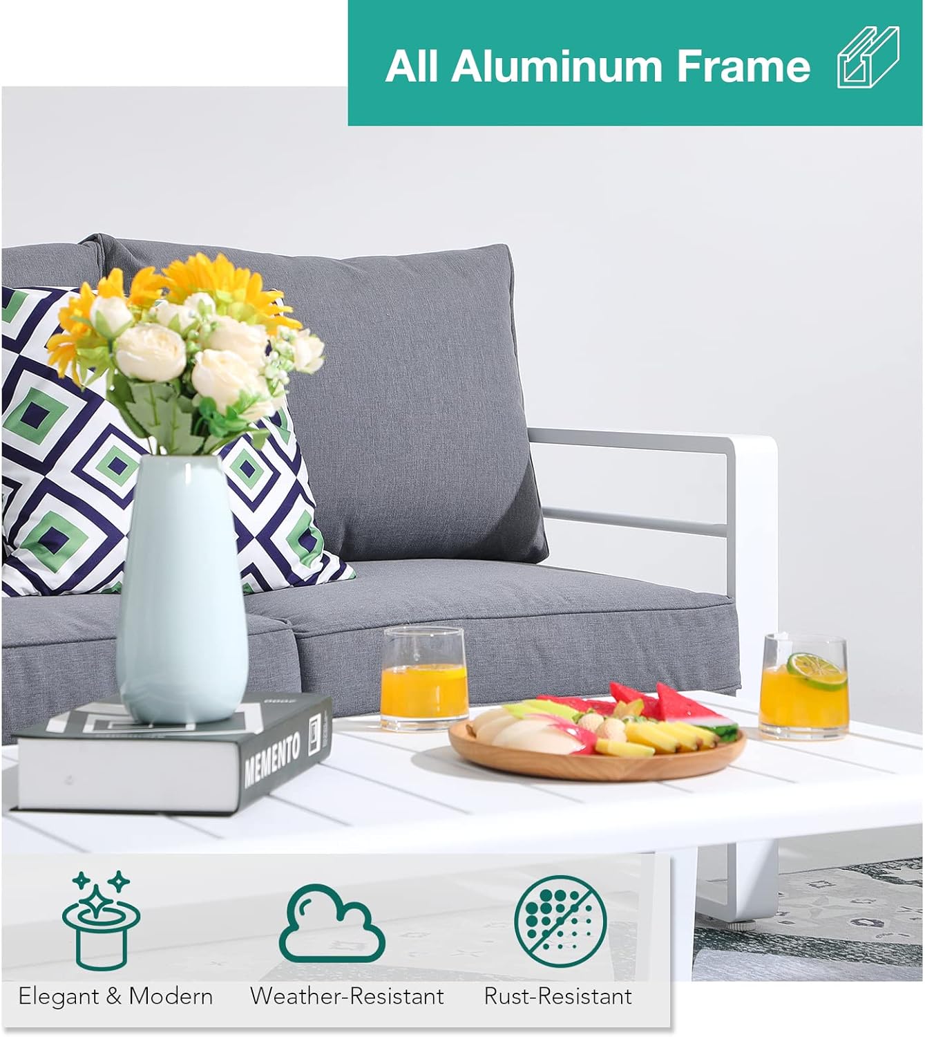 Patiorama Aluminum Patio Furniture Set, 4 PCS Modern Patio Conversation Set, All Weather White Outdoor Sectional Sofa Set w/Coffee Table, 3-Seater Sofa, Superior Olefin Cushion, Garden-Grey Cushion