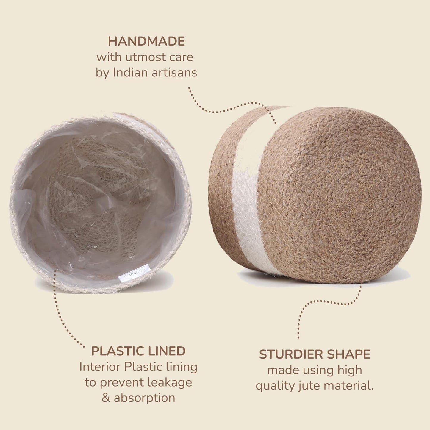 Jute Planter Basket Sustainable Woven Rope Covers for Decorating Indoor/Outdoor Plants Pots 6.5x6.5x6 Inches Ideal Size for 6" Planter-Multi-Purpose Storage Set of 4 White & Natural Jute