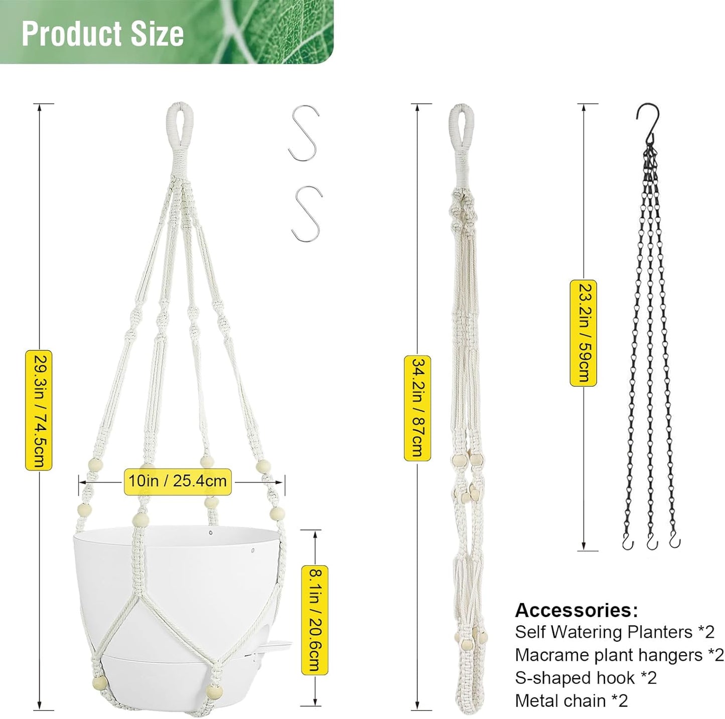 10 inch Self Watering Hanging Planters, 2 Pack Hanging Flower Pots for Indoor Outdoor Plants, Hanging Baskets with Drainage Holes & 2 Kinds of Plant Hangers for Garden Home Decor, White