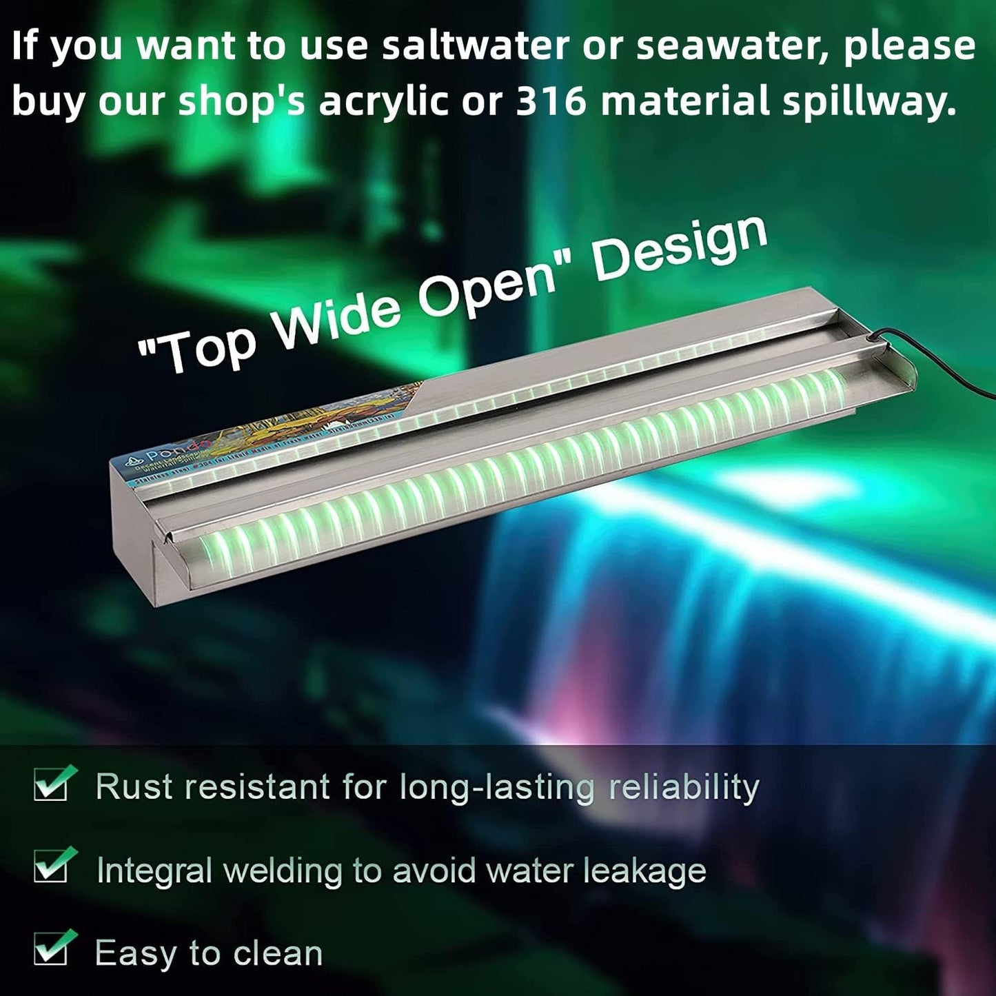 YUDA 24'' Stainless Steel Waterfall Pool Fountain with SMD LED 7 Color Changing and Remote, Lighted Waterfall Spillway for Sheer Descent Garden Outdoor