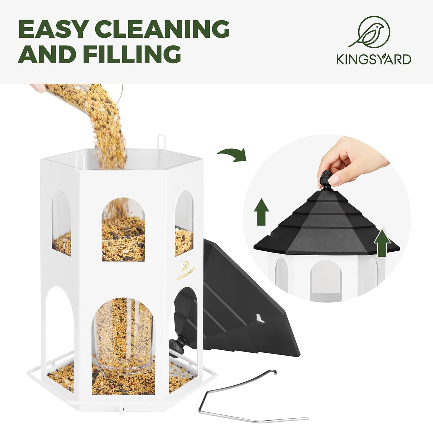 Kingsyard Metal Bird Feeder for Outdoor Hanging, Wild Bird Feeders with Circular Perch, Easy to Clean & Refill, 4 lbs Large Seed Capacity, White