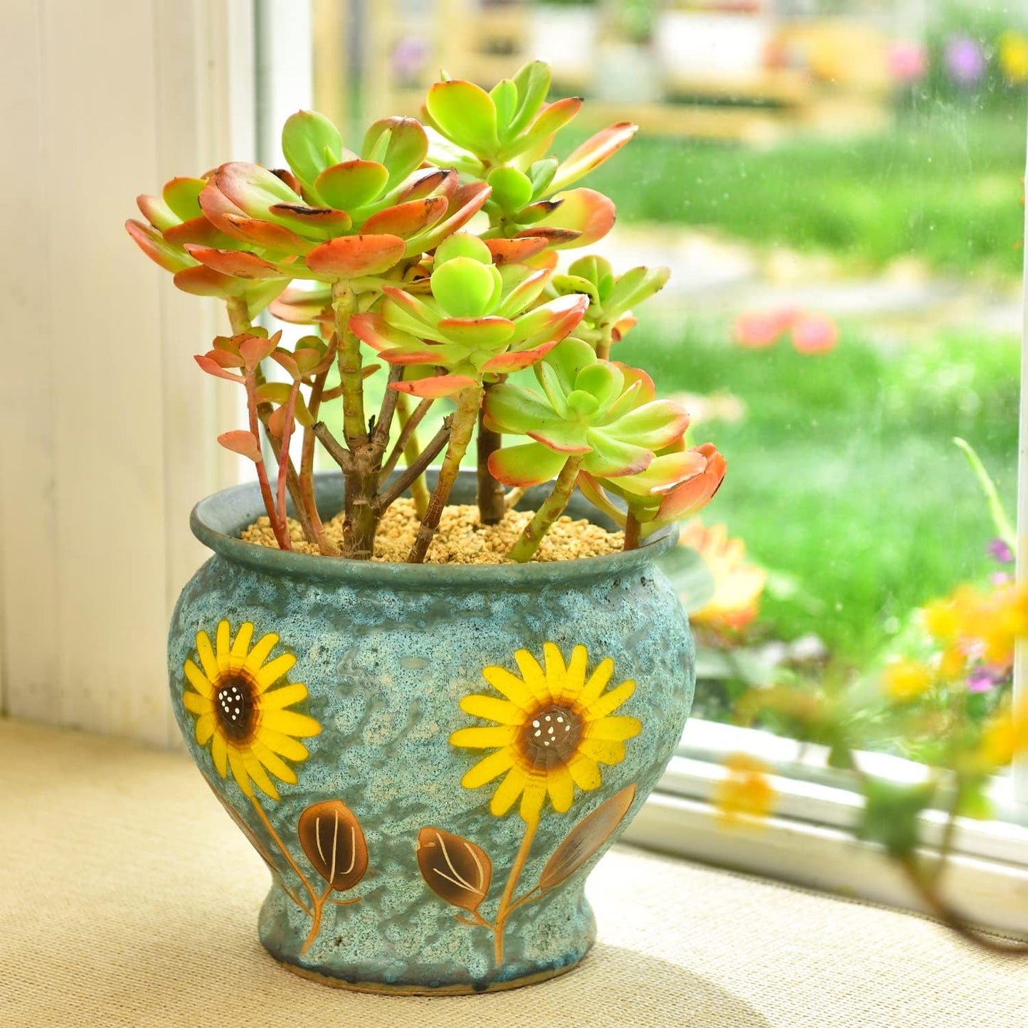 Sungmor Ceramic Hand Painted Succulent Flower Pots, 9 Inch Large Pottery Pots for Indoor Outdoor Plants, Decorative Ceramic Vase for Flower Arrangement Home Decor, Vintage Centerpieces Flowerpot