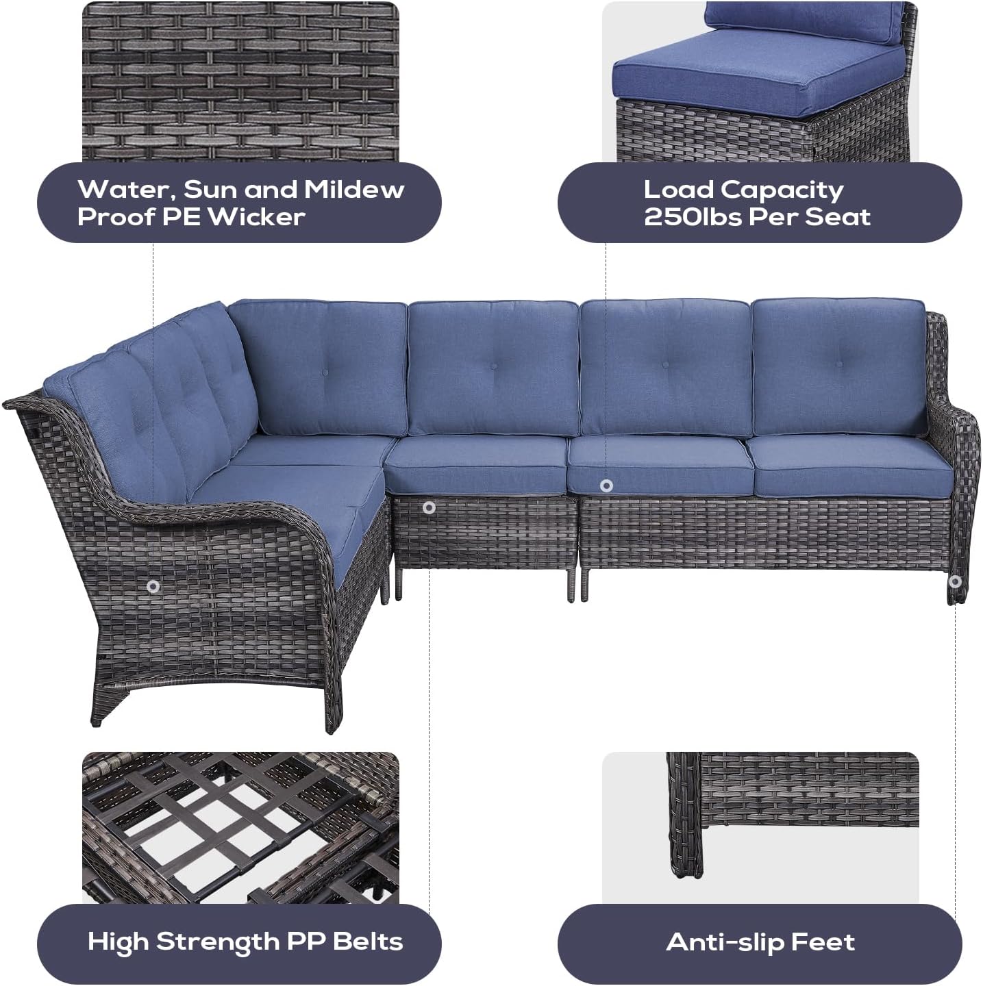 Outdoor Sectional Sofa Furniture Set with 50000BTU Propane Fire Pit Table, Wicker Patio Conversation Set with 2 Swivel Glider Rocker Chairs Blue Cushion Perfect for Backyard Casual Gathering