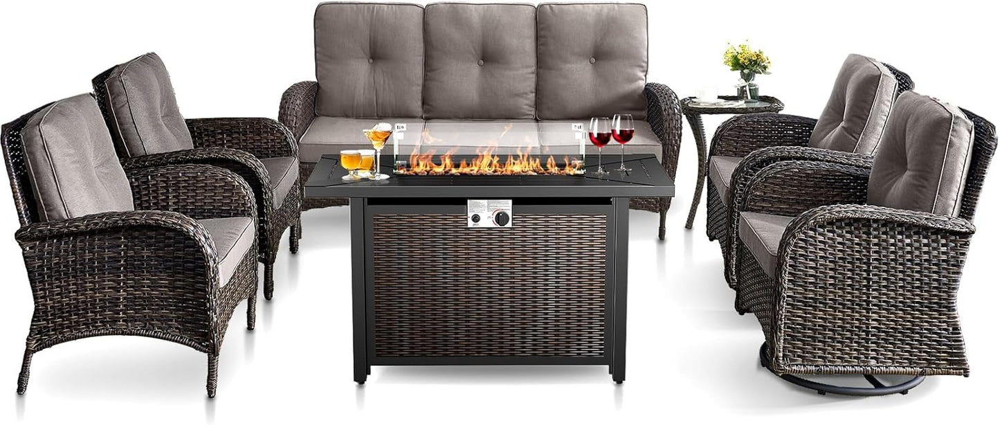 HUMMUH 7 Piece Patio Furniture Set with Fire Pit Table,Wicker Patio Swivel Rocker Outdoor Chairs 3-Seat Sofa for Porch,Poolside,Deck