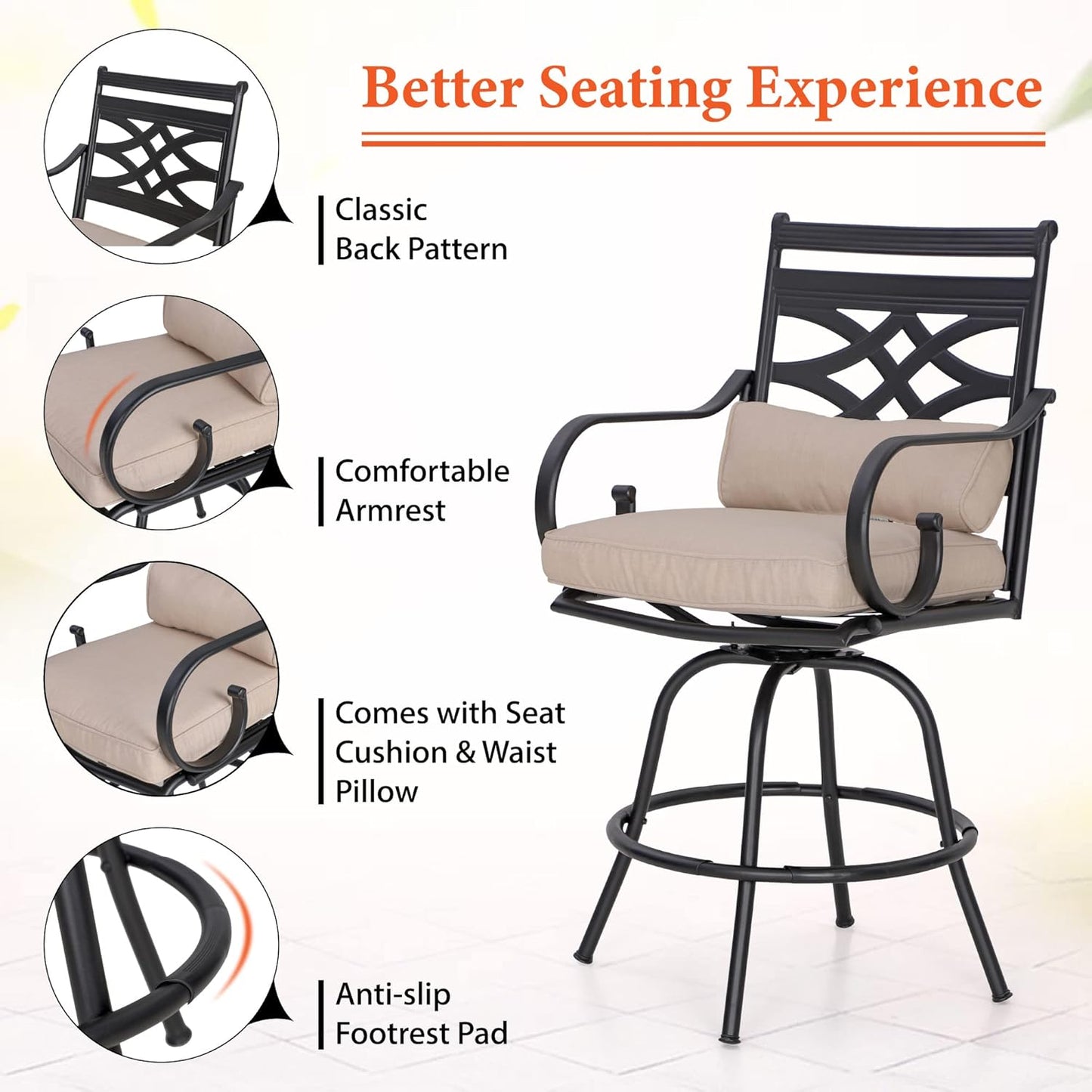 Sophia & William 5 Piece Patio Bar Set, Patio High Dining Set with 4 Swivel Bar Stools and 1 Square Bar Table, All-Weather Outdoor Furniture with Seat Cushions