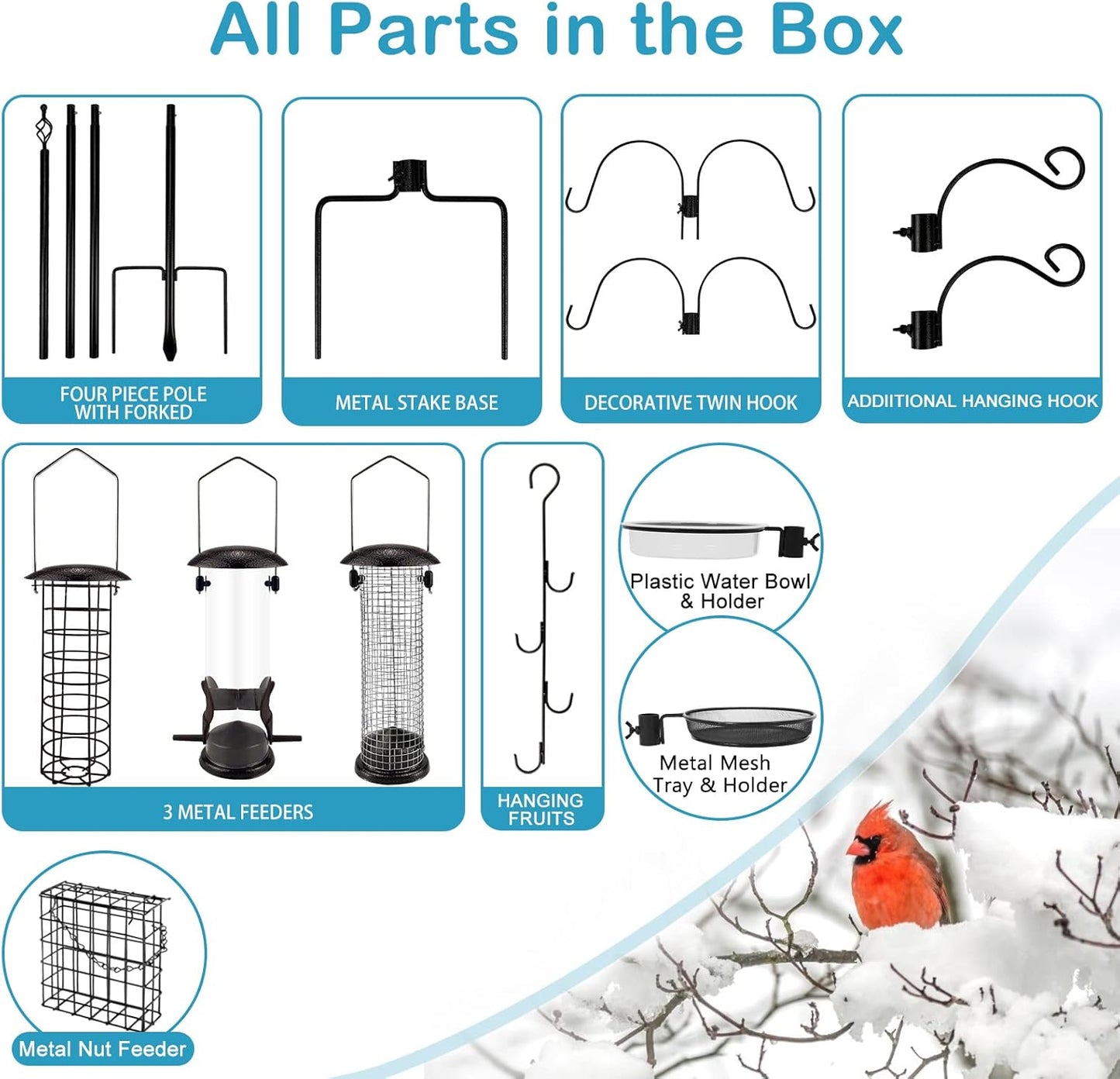 Bird Feeder Station with Suet Cage & Water Bowl Fruit Hook- Adjustable Pole, 6 Hanging Hooks for Wild Birds, Outdoor Garden Bird Feeding Kit