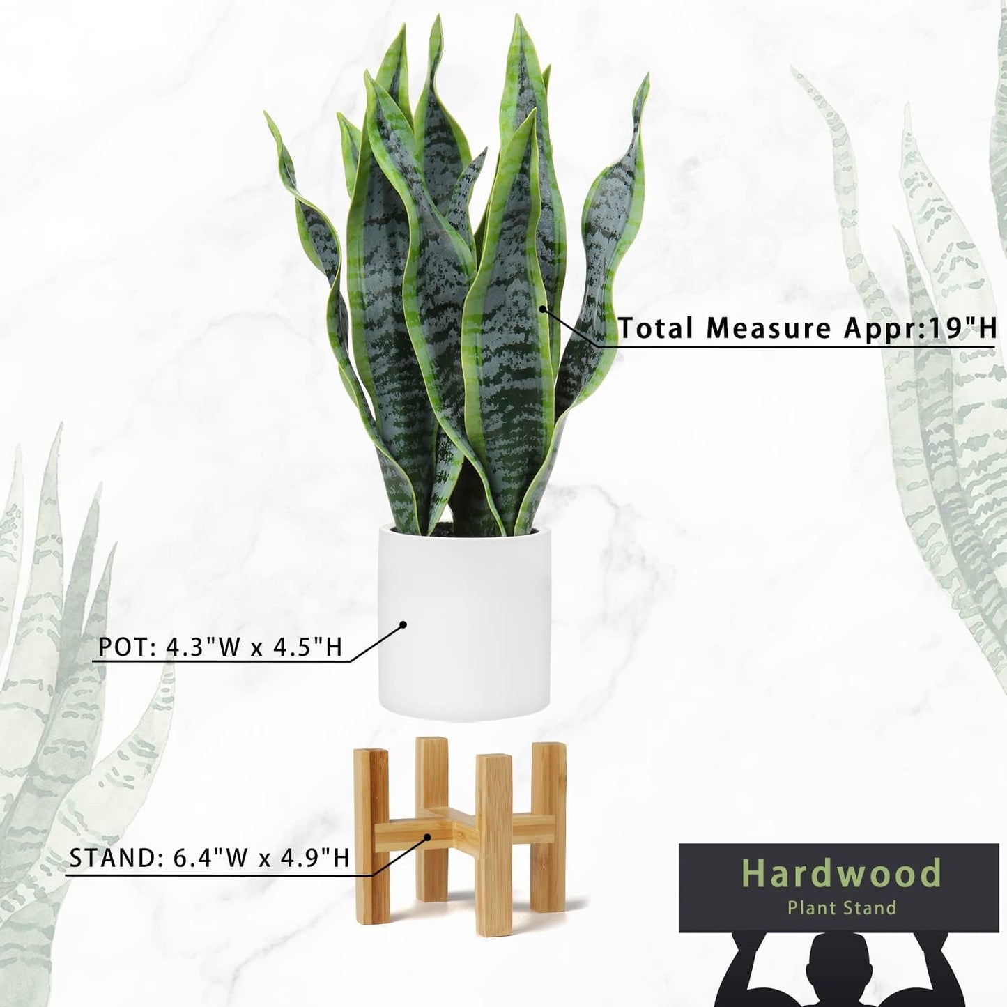 Hollyone Artificial Snake Plant Potted with Solid Wood Plant Stand, 19" Faux Sansevieria Tropical White Ceramic Pots Fake Plants for Home Office Indoor Decor Housewarming Gift