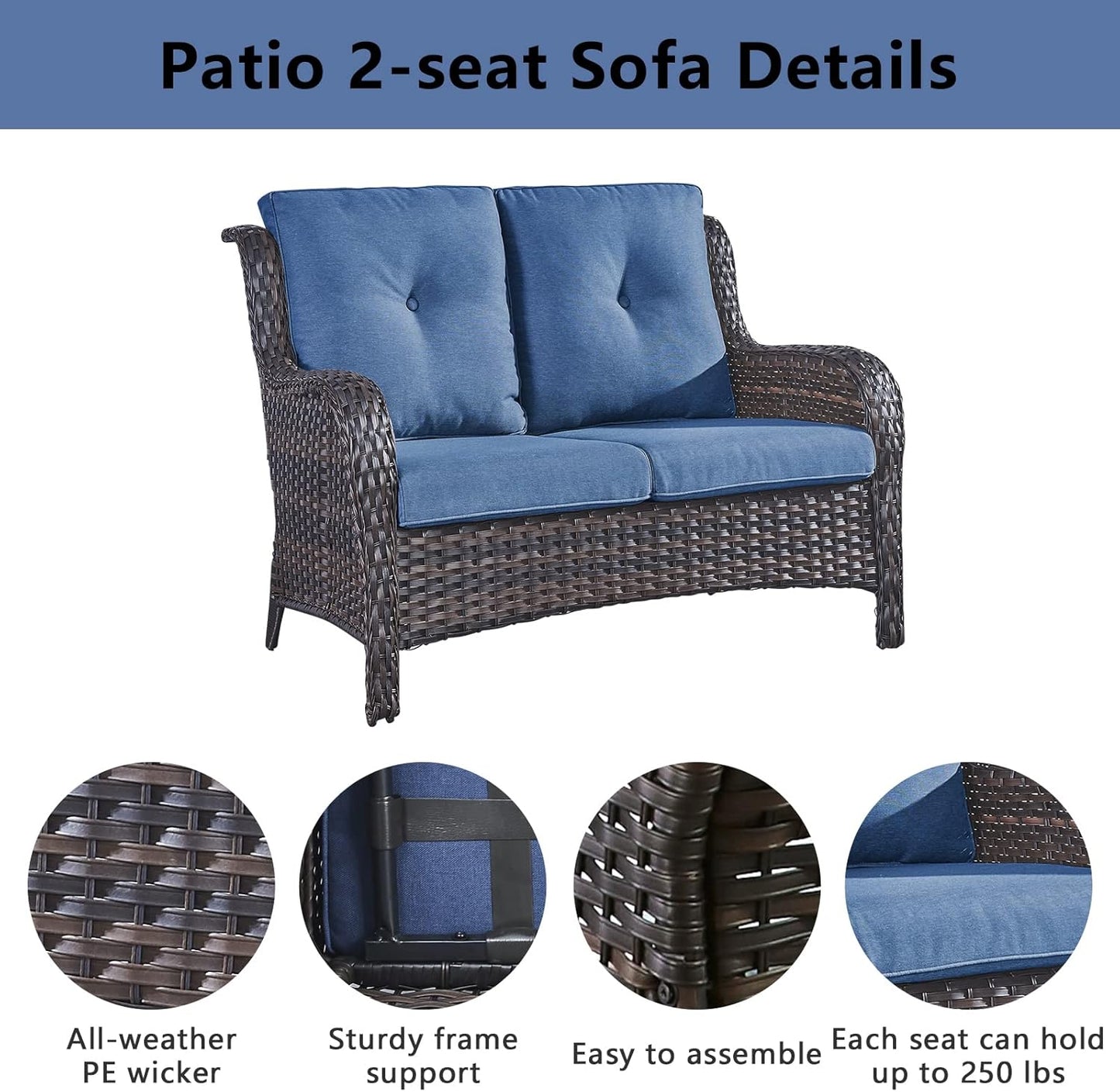 Outdoor Loveseat Small Patio Furniture 2 Seater Sofa Brown Wicker Couch Rattan Settee for Single-Family House