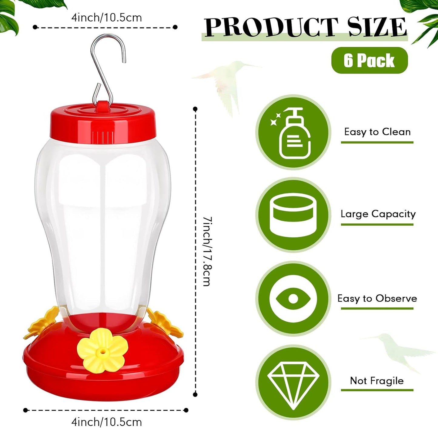 6 Pcs Hummingbird Feeder with Hanging Wires for Outdoor Hanging 16 oz Plastic Hummingbird Feeders Bird Feeder for Outside Wild Bird Feeder with 5 Feeding Ports for Home Garden Yard, Easy Filling