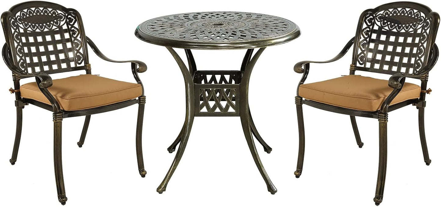 MEETWARM 3 Piece Patio Bistro Set, Outdoor All-Weather Cast Aluminum Dining Furniture Set Includes 2 Chairs with Cushions and a 31” Round Table with Umbrella Hole for Garden Deck