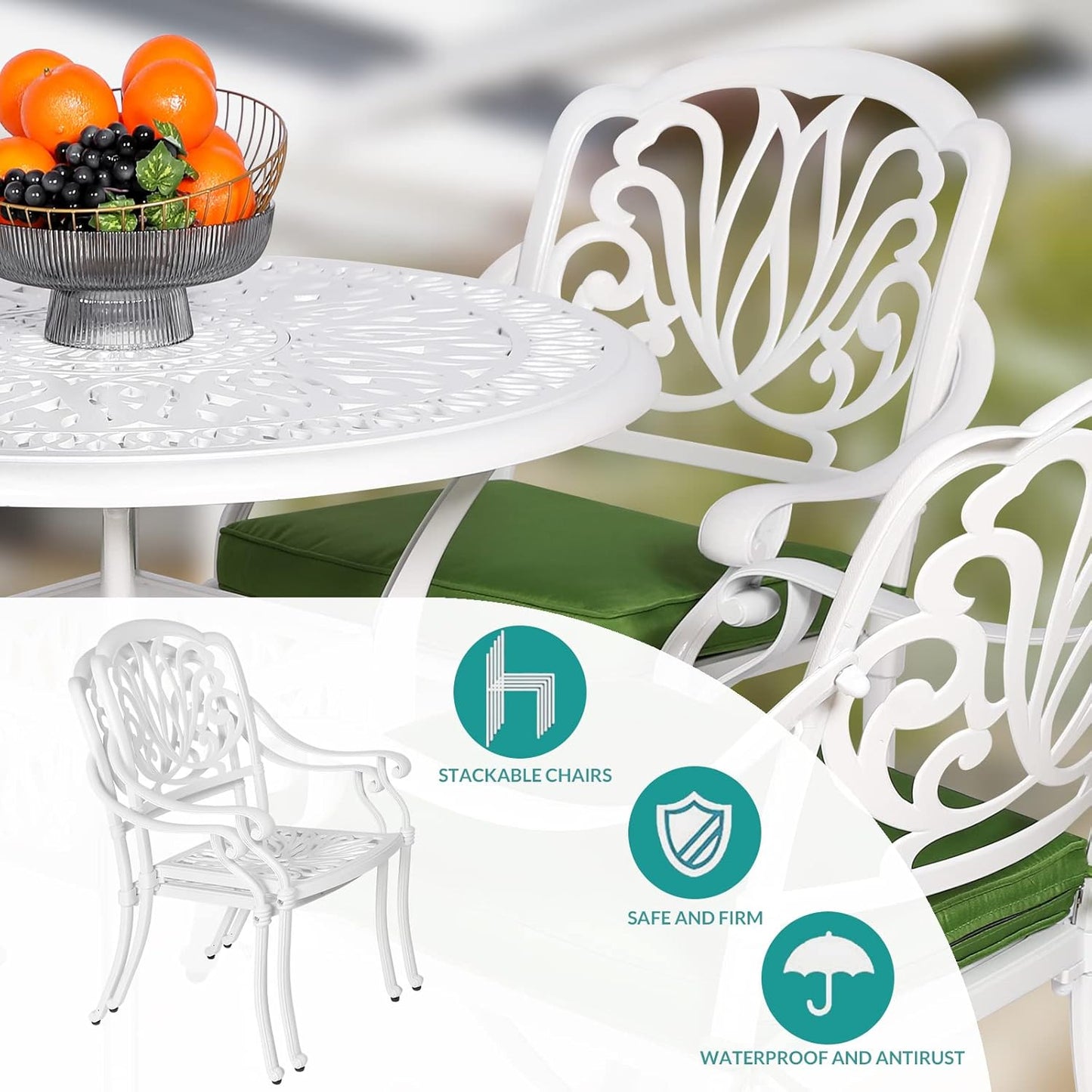 MEETWARM 3 Piece Patio Bistro Set, Outdoor All-Weather Cast Aluminum Dining Furniture Set Includes 2 Cushioned Chairs and a 35.4” Round Table with Umbrella Hole for Garden Deck, White