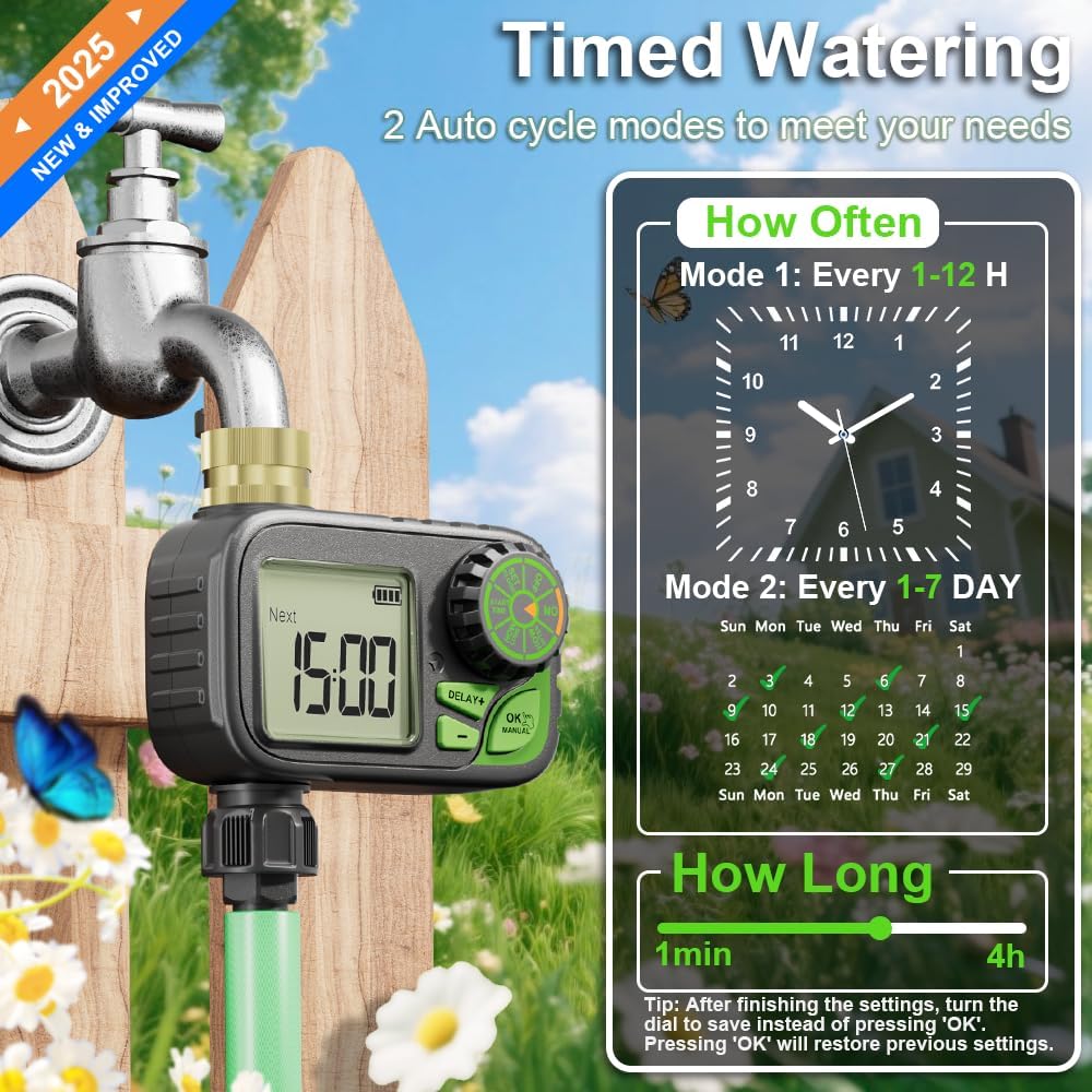 Sprinkler Timer Water Hose Timer - Programmable Digital Irrigation Outdoor Waterproof with Rain Delay, Manual, Automatic Watering System for Yard, Lawn, and Garden Hose Brass Inlet 1 Outlet