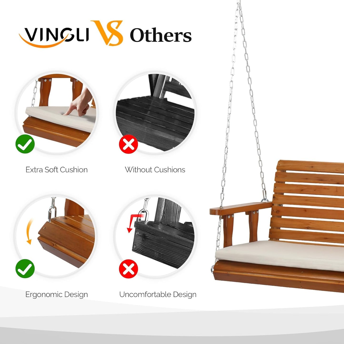 VINGLI Heavy Duty 880 LBS Patio Wooden Porch Swing Outdoor with Extra Cushion, Farmhouse Hanging Bench Tree Swing with Adjustable Chains for Yard | Garden | Lawn | Balcony (5 FT, Brown)