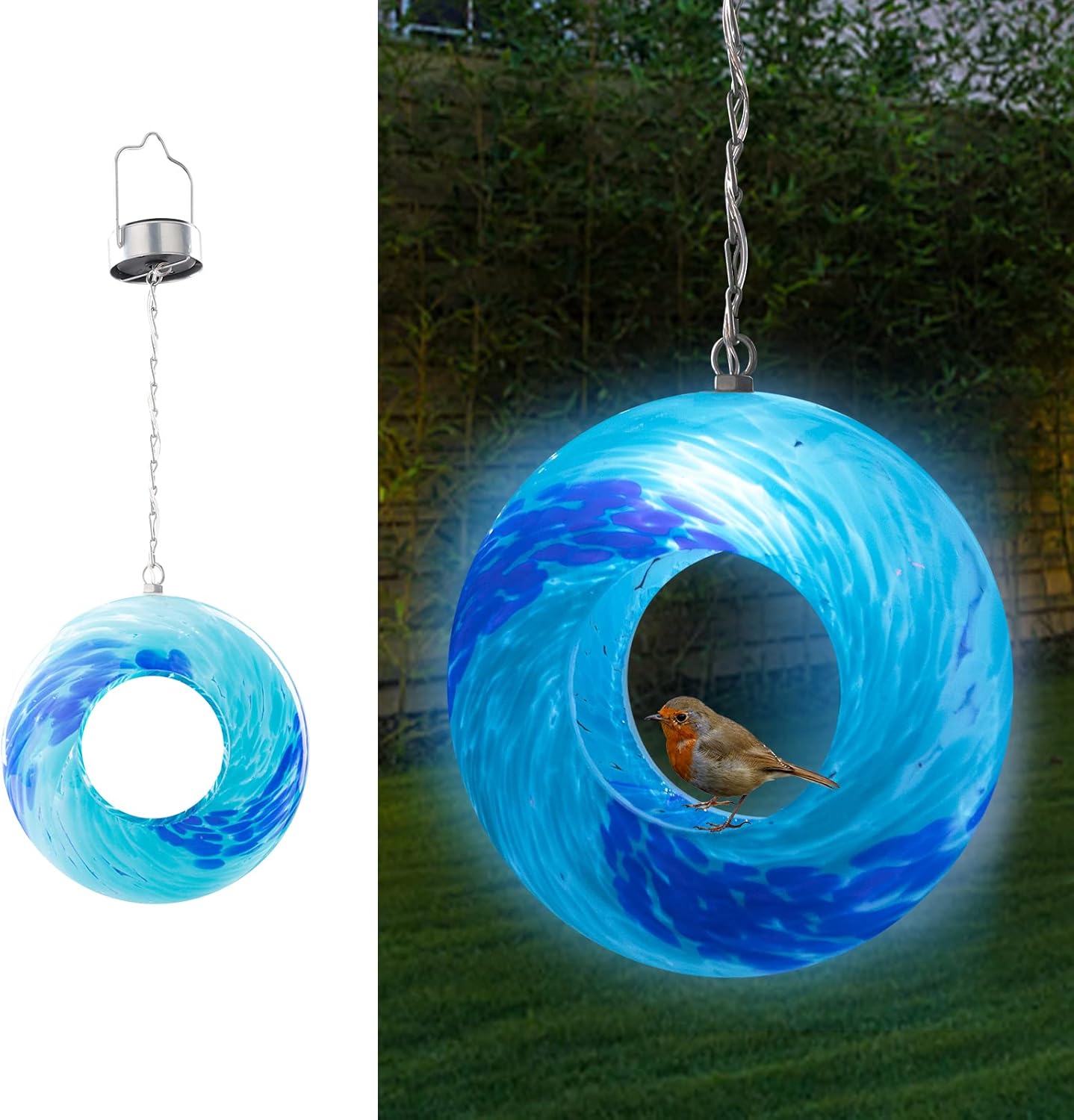 VCUTEKA Bird Feeder Solar Fly Through Birds Feeders for Outside Hanging with Round Shape Glass Container to Attract More Wild Birds for Garden Decor, Solar Birdfeeder as Gift for Bird Lovers, 8-Inch