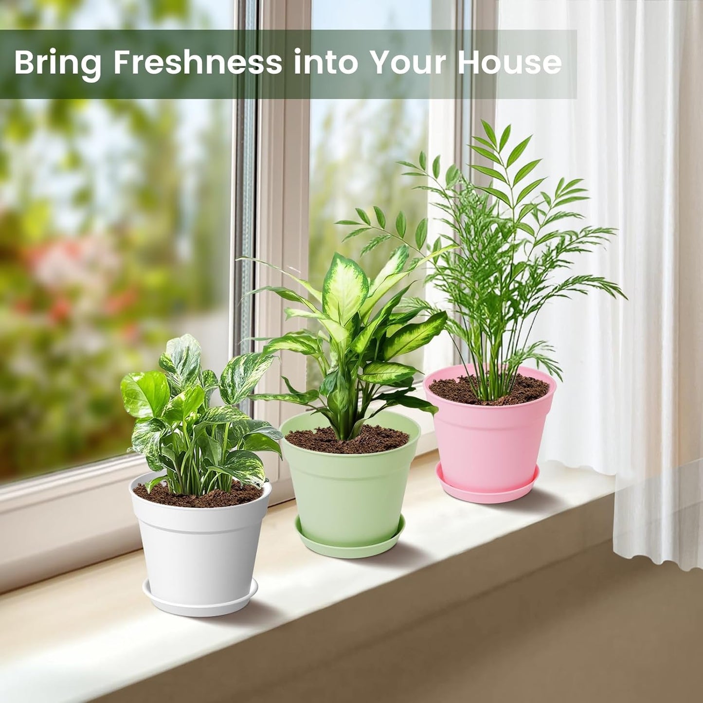 10 Pack 6 Inch Plant Pots with Drainage and Saucers, Plastic Flower Pots for Indoor and Outdoor Plants, Stackable Nursery Planters for Houseplants and Herbs, Colorful