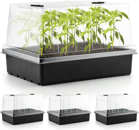 4-Pack Seed Starter Trays with 5'' Tall Humidity Domes – Reusable Plant Germination Kit for Microgreens, Herbs & Indoor Gardening | Clear Vented Lids, Fast Seedling Growth & Durable Design