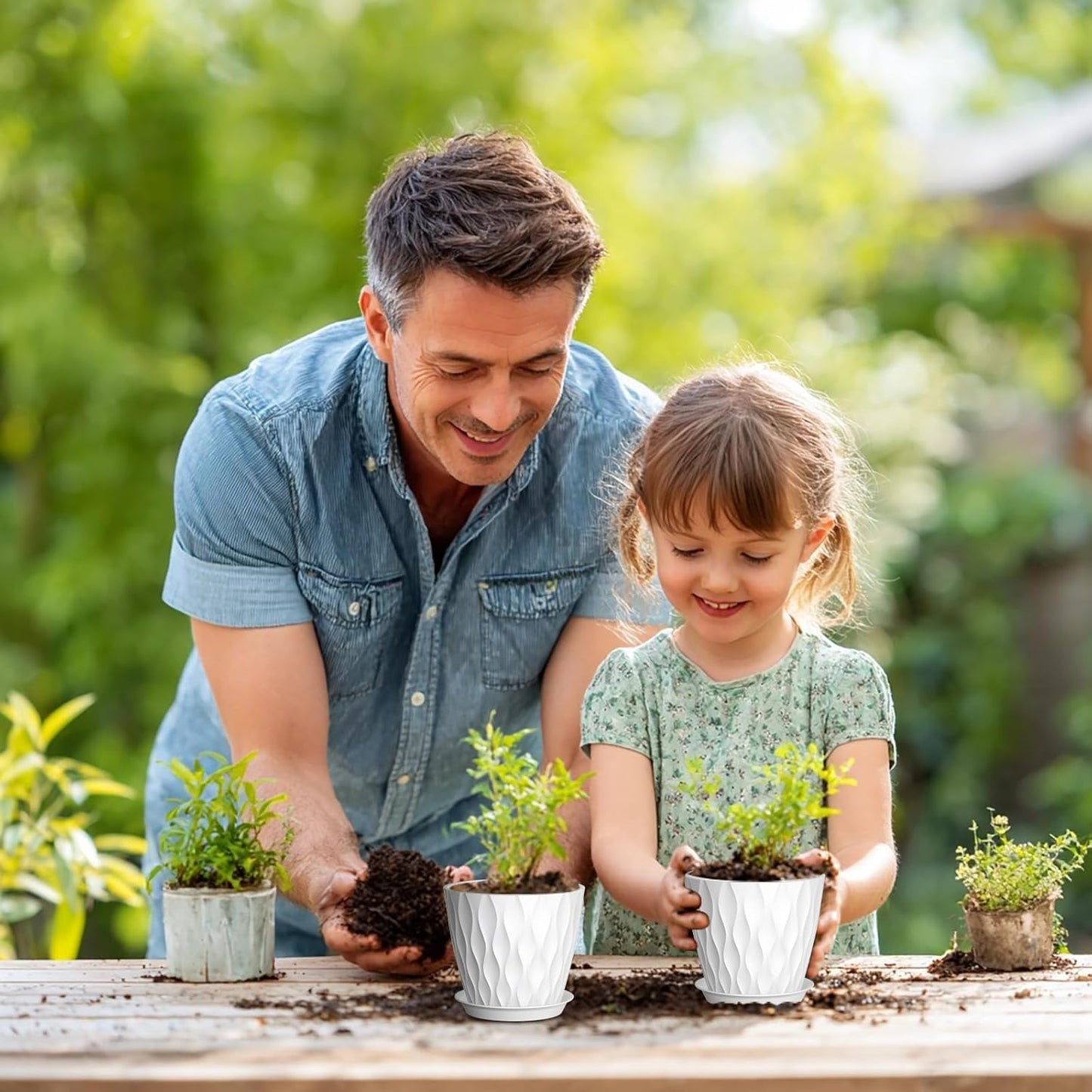 5 inch Plant Pots for Indoor Outdoor Plants, 6 Pack Thick Nursery Pots with Drainage Holes and Saucers, 3D Modern Wave Texture Small Plastic Planter Flower Pots for Succulent, Herb, White
