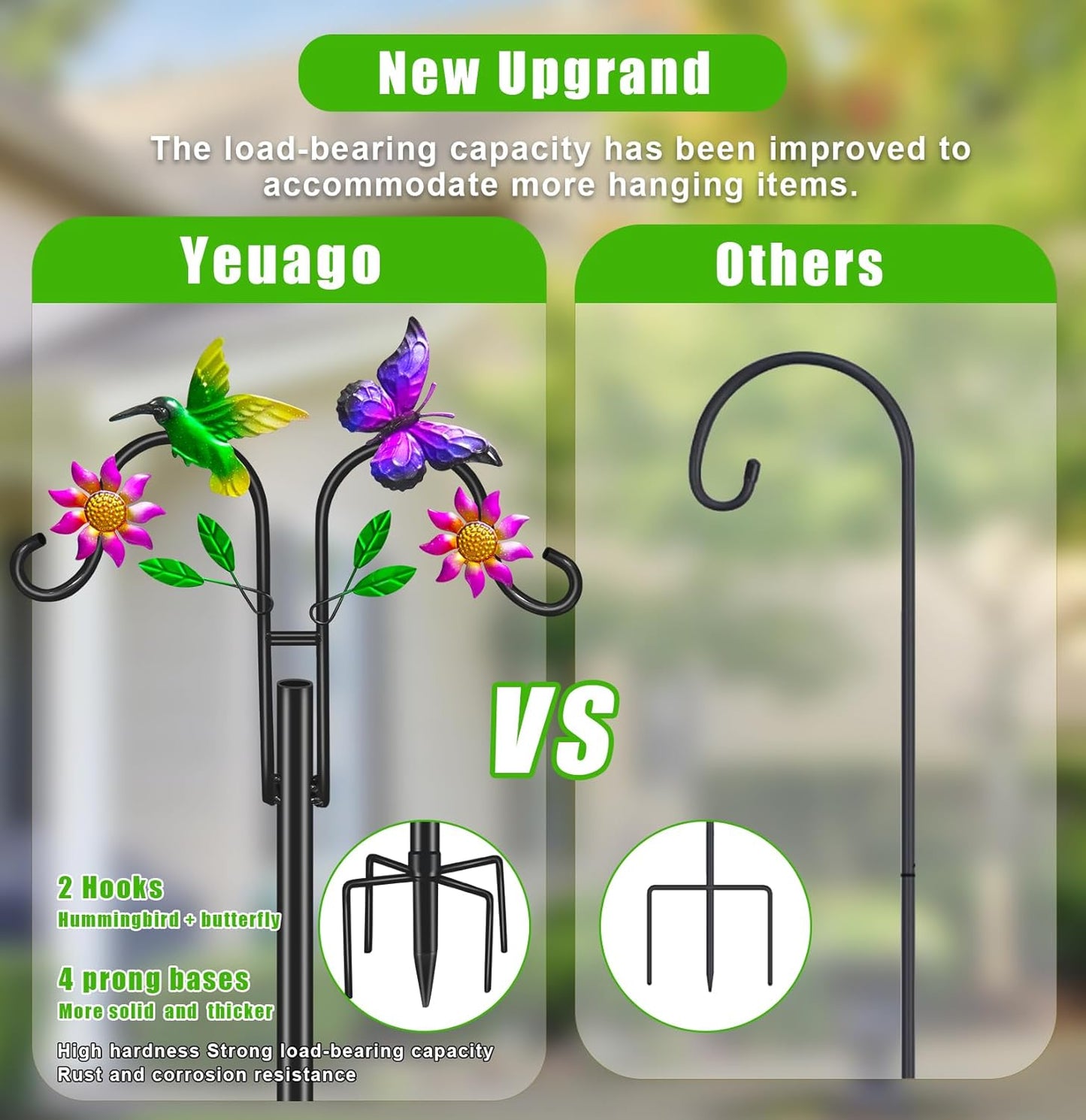 Double Shepherds Hooks for Outdoor, 78 Inch Artistic Hummingbird & Flower Design, 5 - Prong Base, Ideal for Bird Feeders, Baskets & Lanterns (2 Pack)