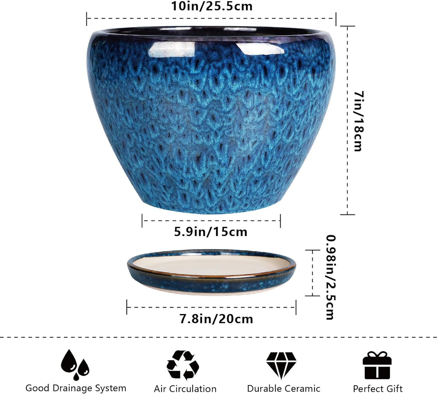 10 Inch Ceramic Planter Pot, Ceramic Plant Pot for Indoor Outdoor Plants, Large Flower Pot with Drainage Hole and Saucer, Blue