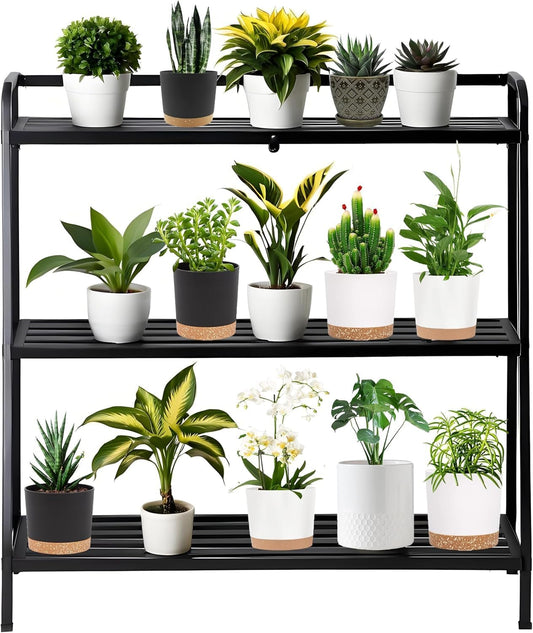 Versatile 3-Tier Metal Plant Stand, Waterproof and Rust-resistant, Heavy-duty Flower Pot Holder for Indoor/Outdoor Use - Adds Elegance to Garden and Home Decor, Black
